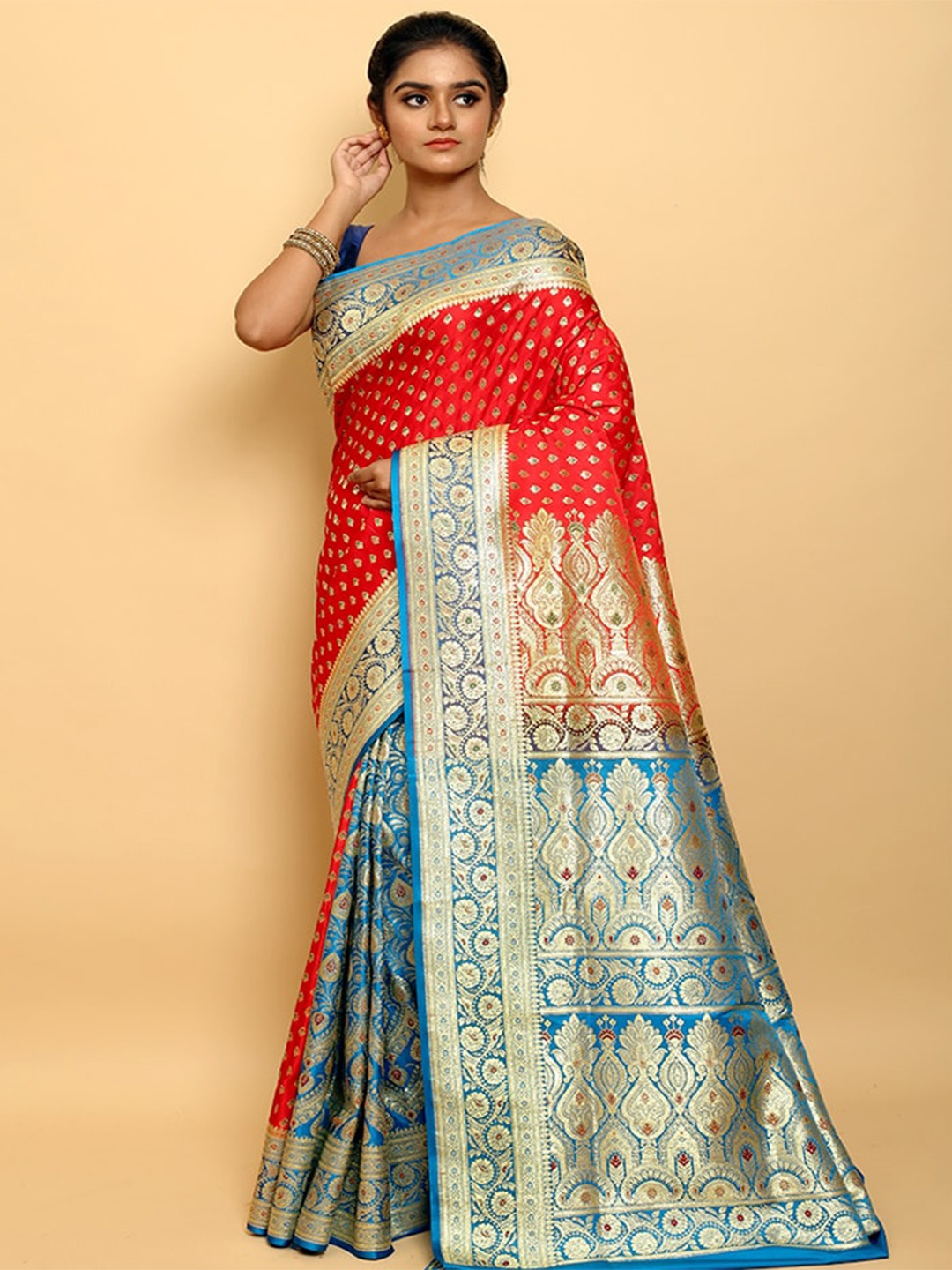 

AllSilks Ethnic Motifs Zari Silk Blend Banarasi Saree, Red