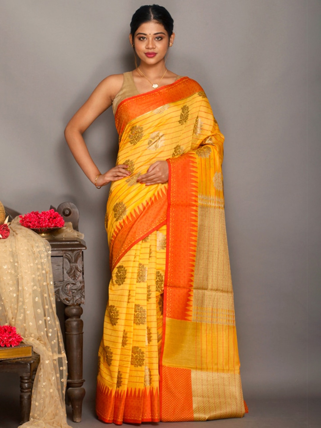 

AllSilks Ethnic Motifs Zari Silk Blend Saree, Yellow