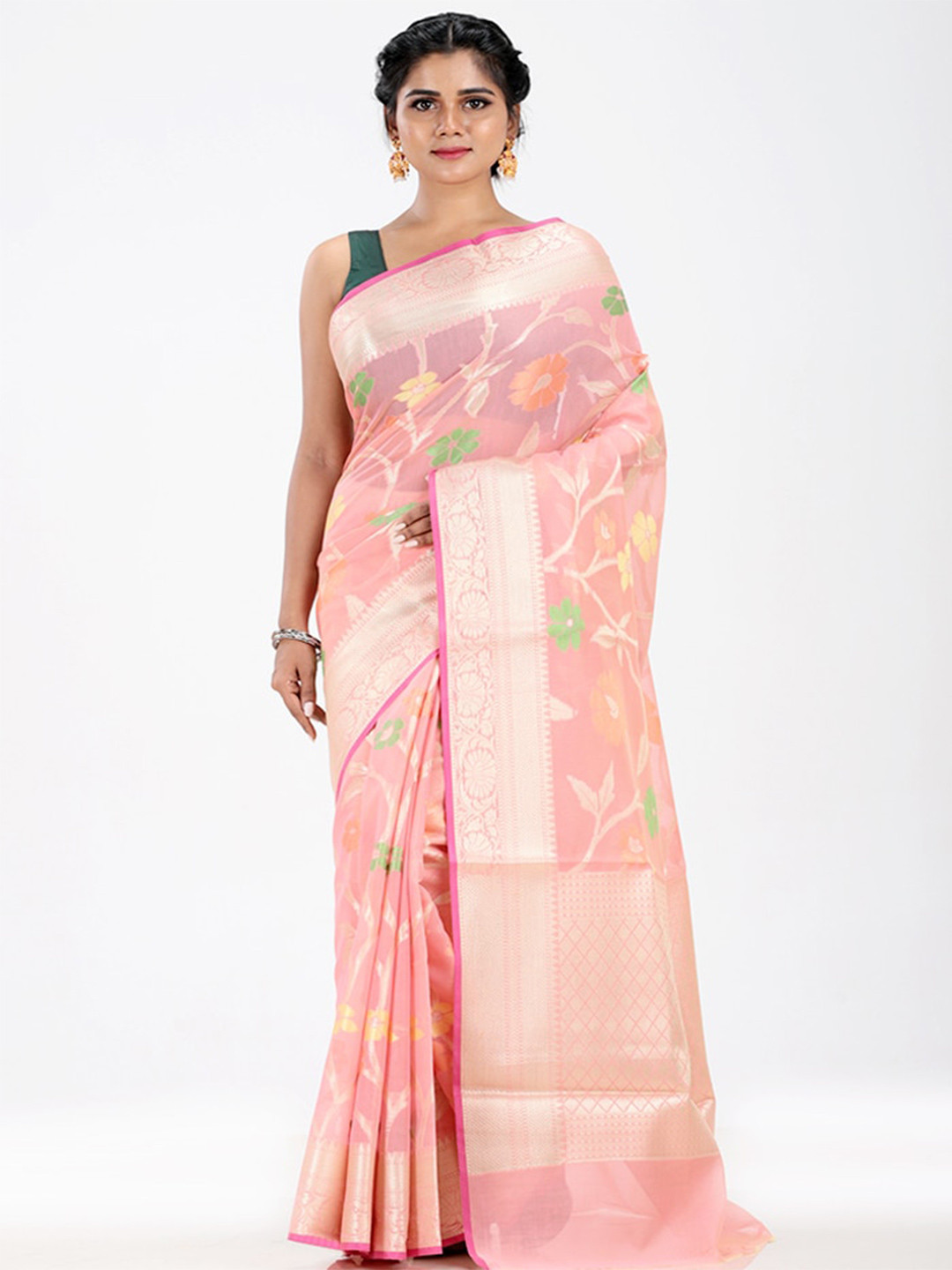 

AllSilks Floral Silk Blend Saree, Pink