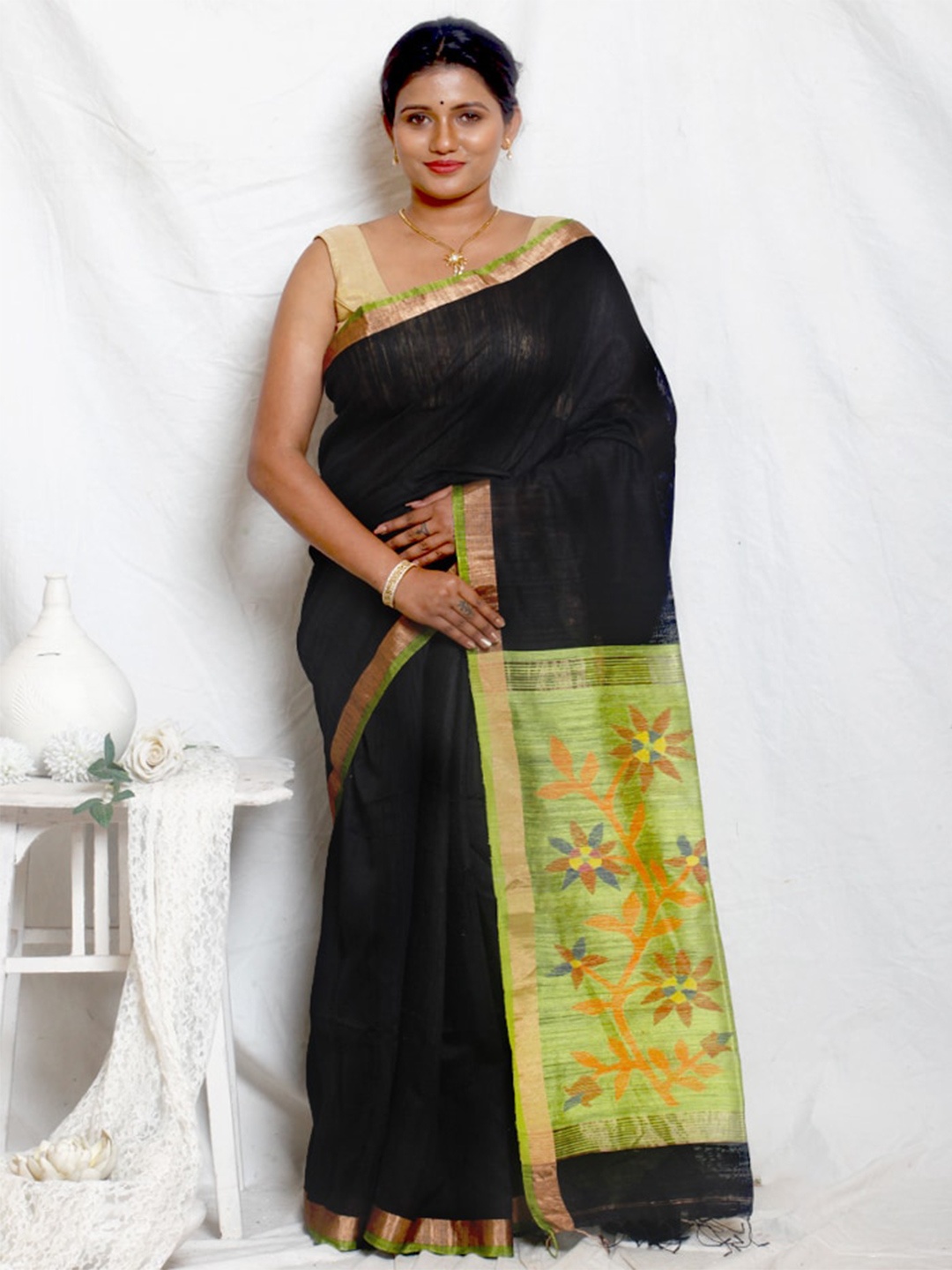 

AllSilks Zari Silk Blend Saree, Black