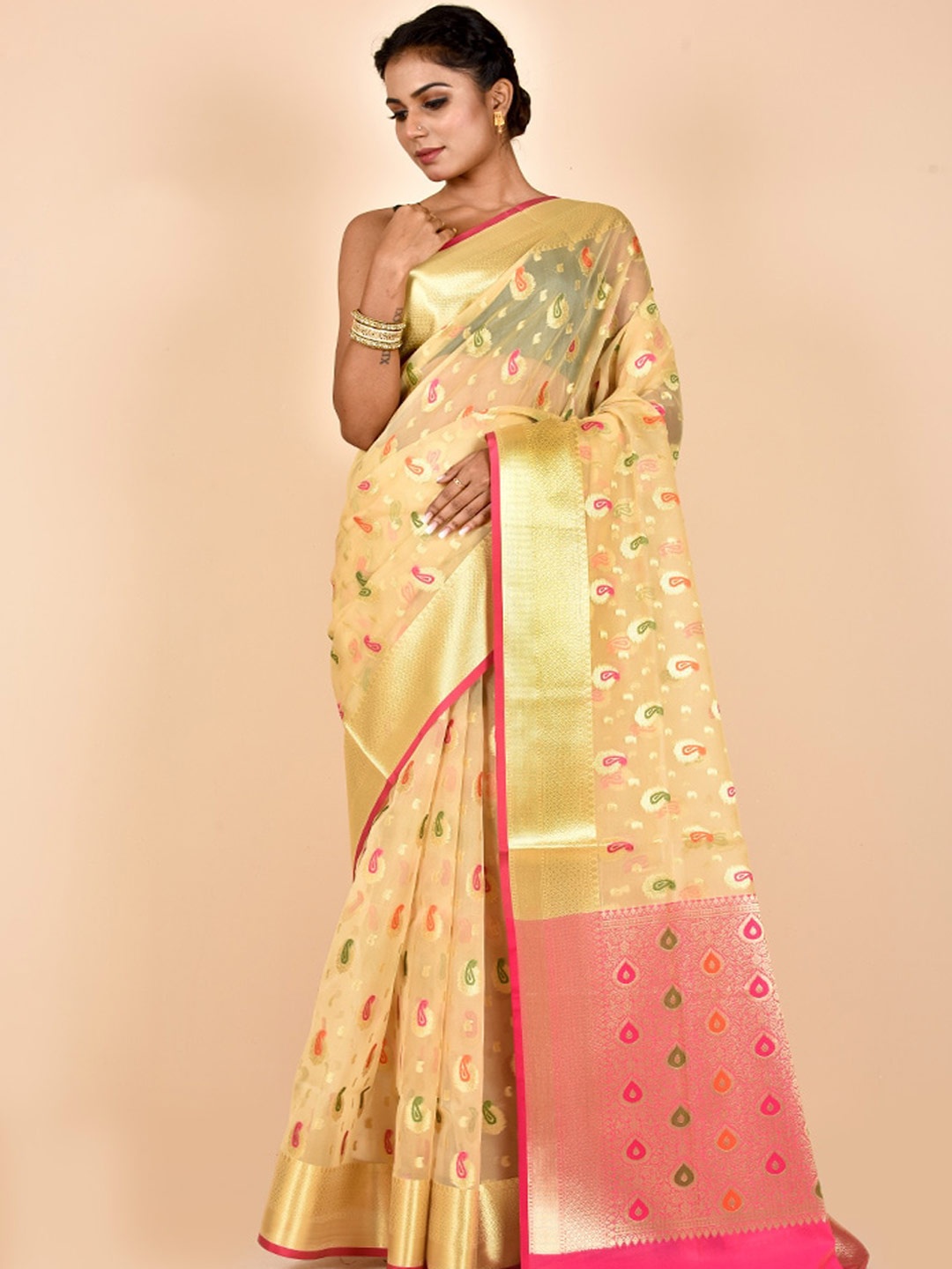 

AllSilks Paisley Silk Blend Saree, Cream