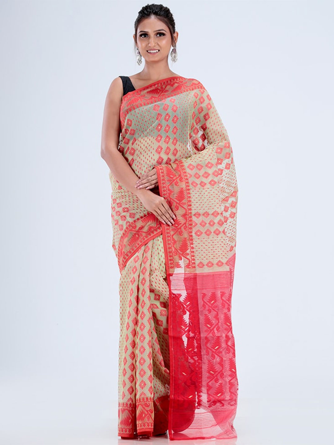 

AllSilks Pure Cotton Taant Saree, Cream