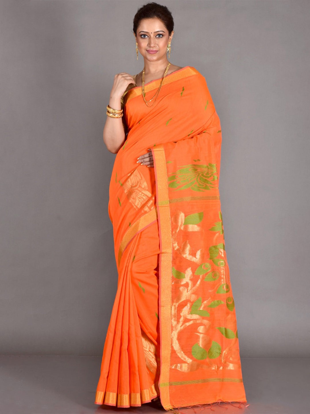 

AllSilks Floral Zari Silk Blend Saree, Orange