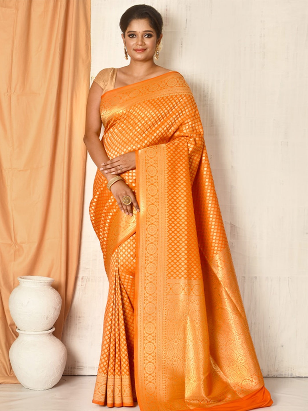 

AllSilks Ethnic Motifs Zari Silk Blend Uppada Saree, Orange
