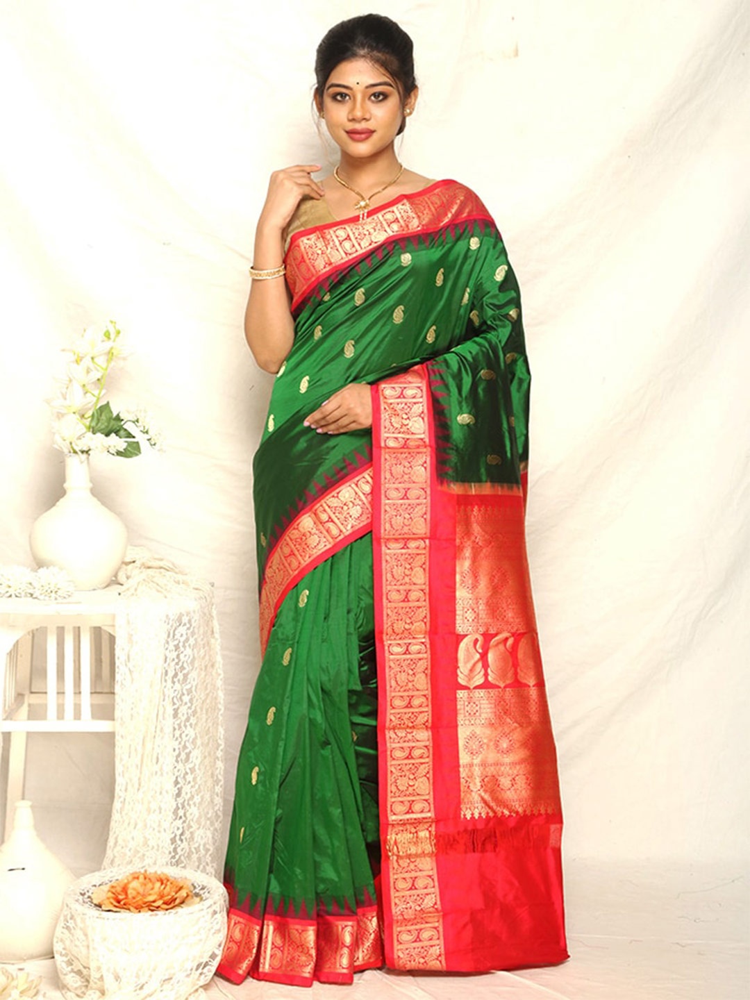 

AllSilks Green & Red Paisley Zari Pure Silk Kanjeevaram Saree