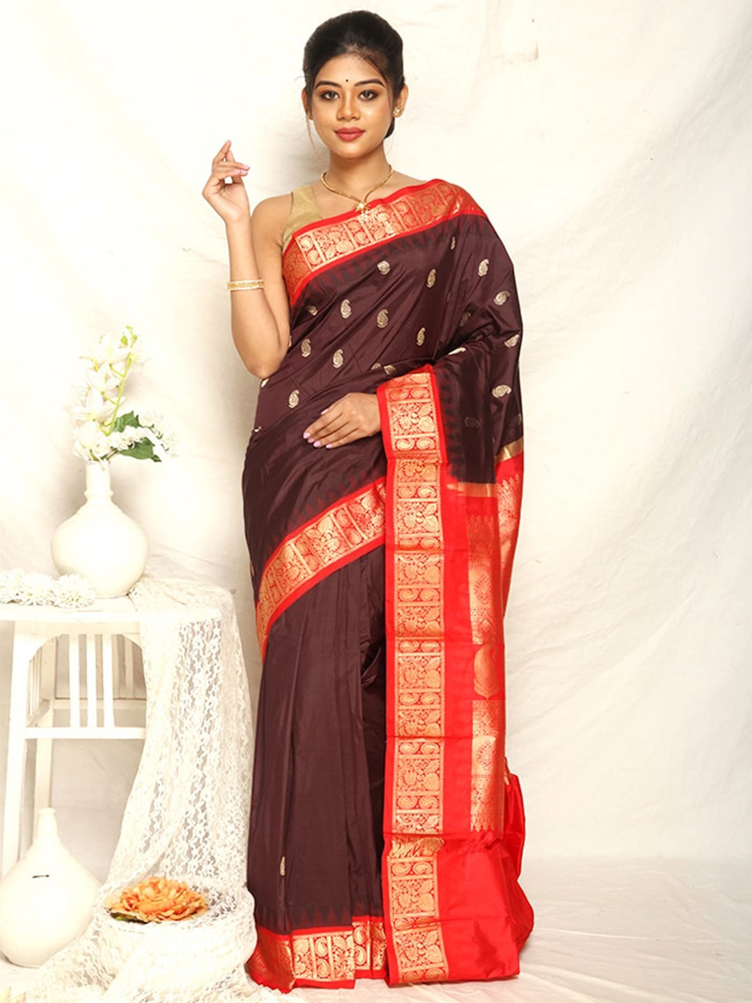 

AllSilks Paisley Zari Pure Silk Kanjeevaram Saree, Red