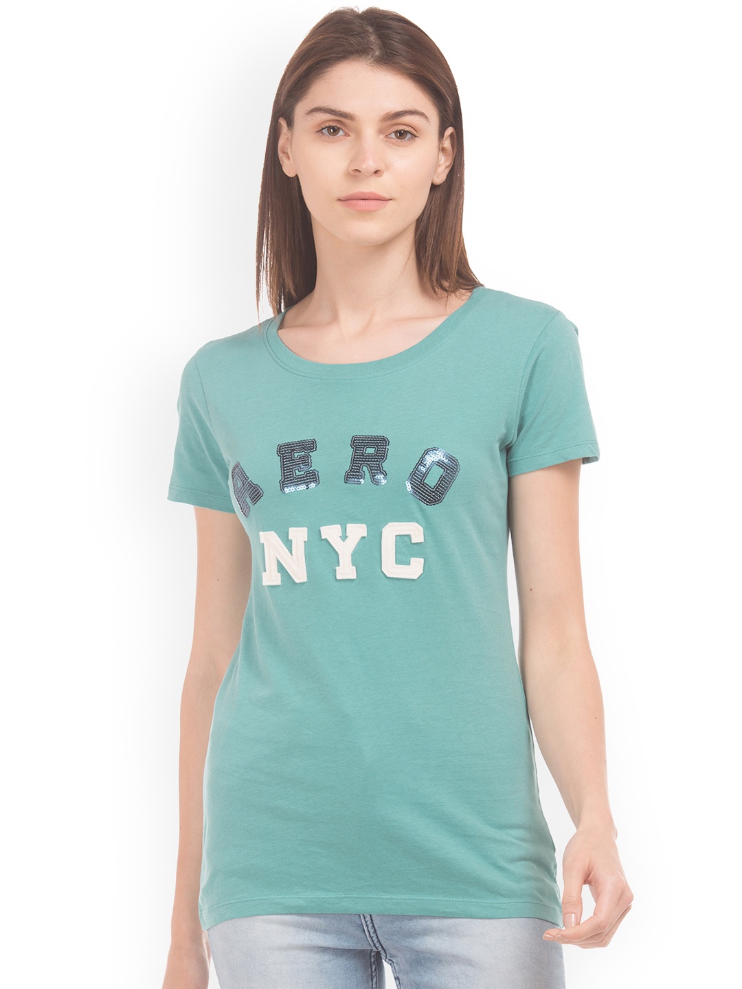 

Aeropostale Women Blue Printed Round Neck Pure Cotton T-shirt