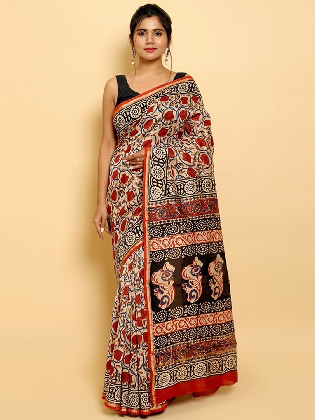 

AllSilks Floral Zari Silk Blend Chanderi Saree, Cream