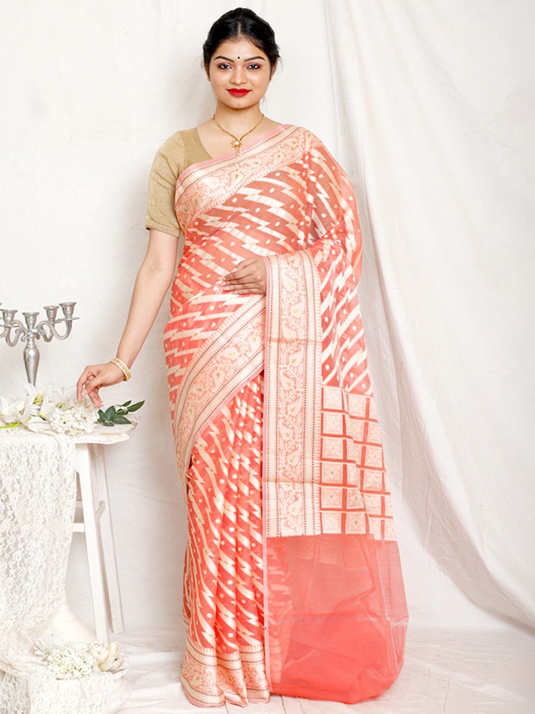 

AllSilks Woven Design Zari Silk Blend Saree, Pink