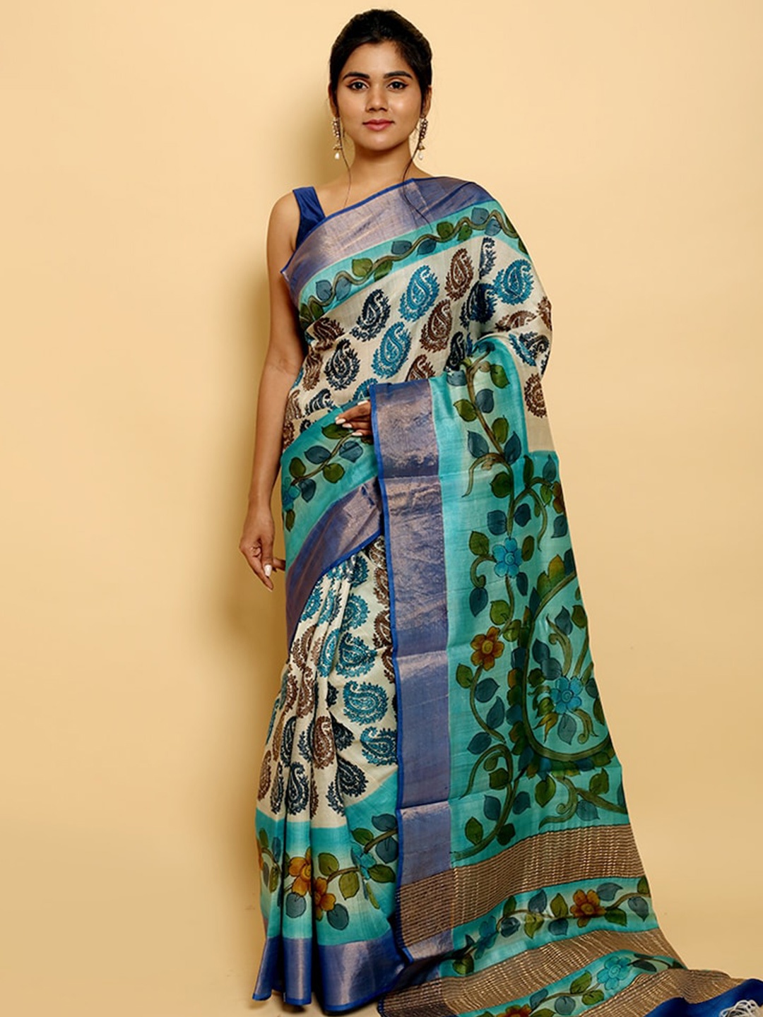 

AllSilks Paisley Printed With Zari Silk Blend Tussar Saree, Blue