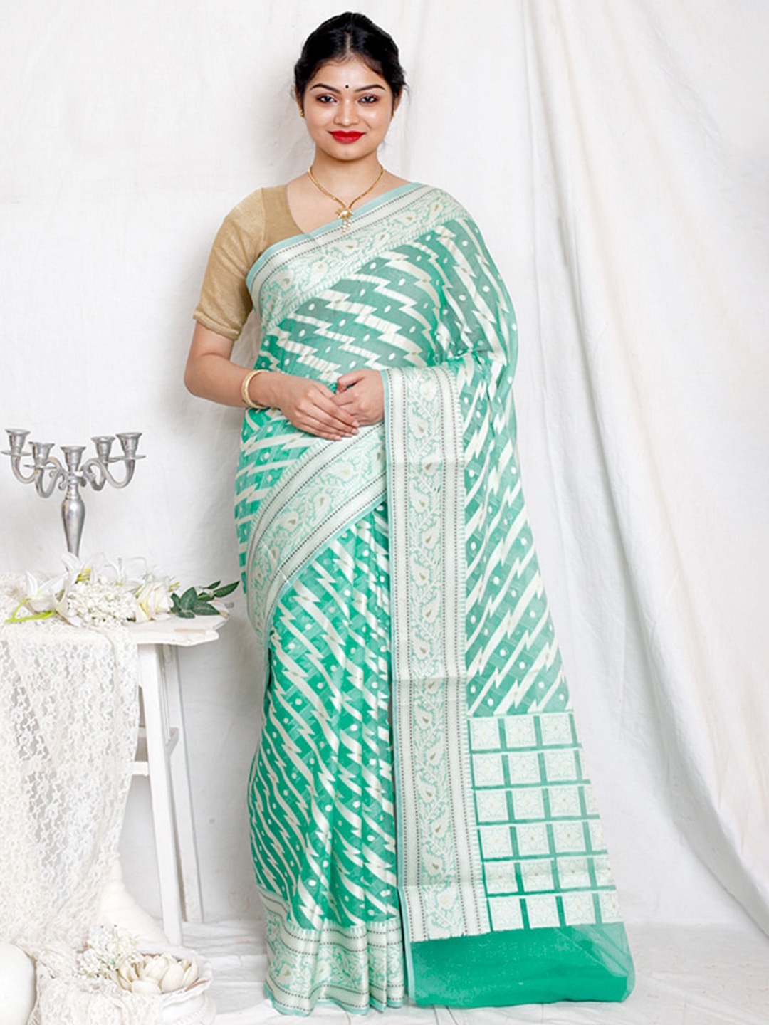 

AllSilks Woven Design Zari Silk Blend Saree, Green