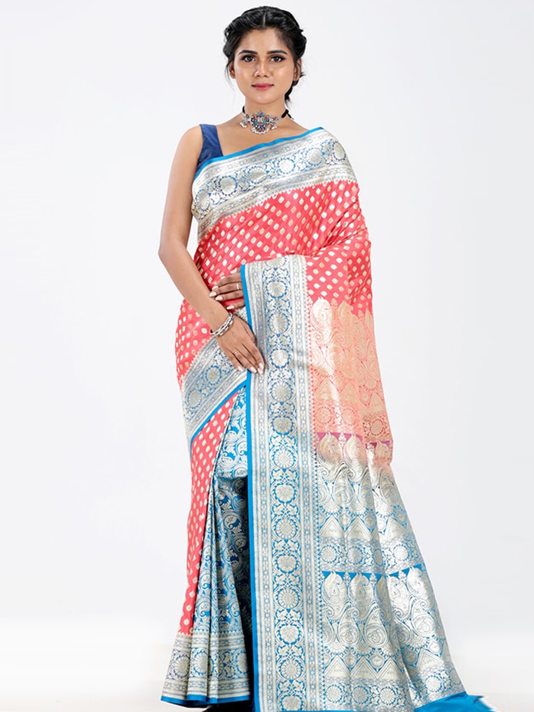 

AllSilks Woven Design Zari Silk Blend Banarasi Saree, Pink