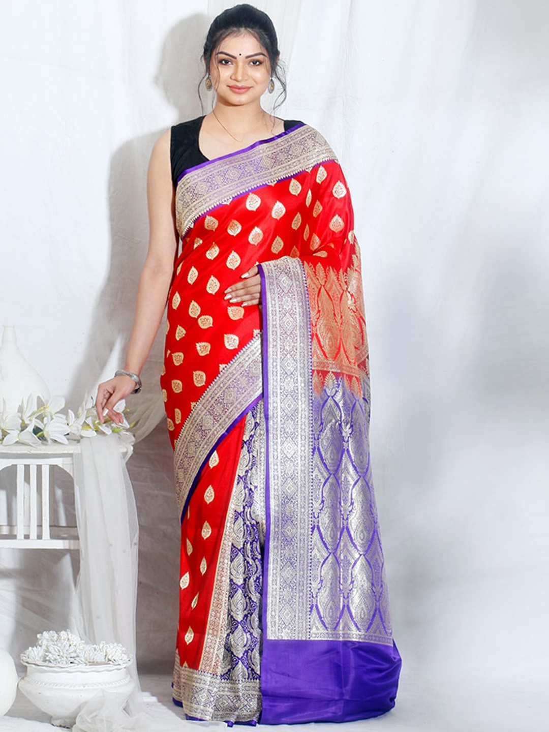 

AllSilks Woven Design Zari Pure Silk Banarasi Saree, Red