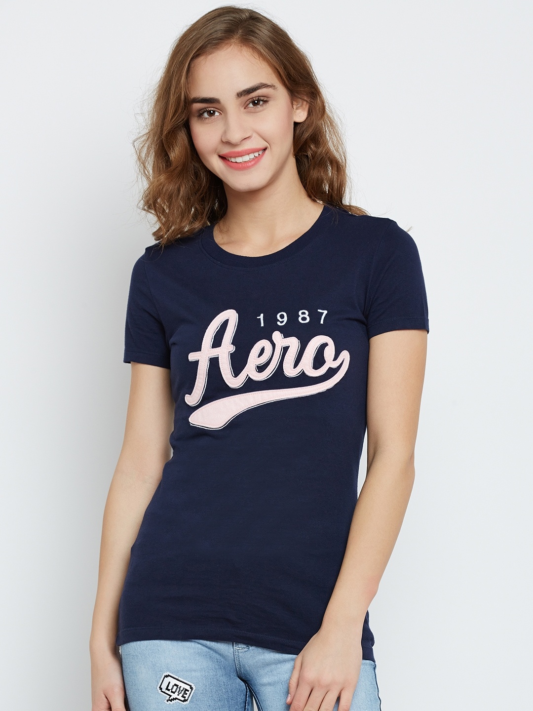

Aeropostale Women Navy Blue Applique Detail Round Neck T-shirt