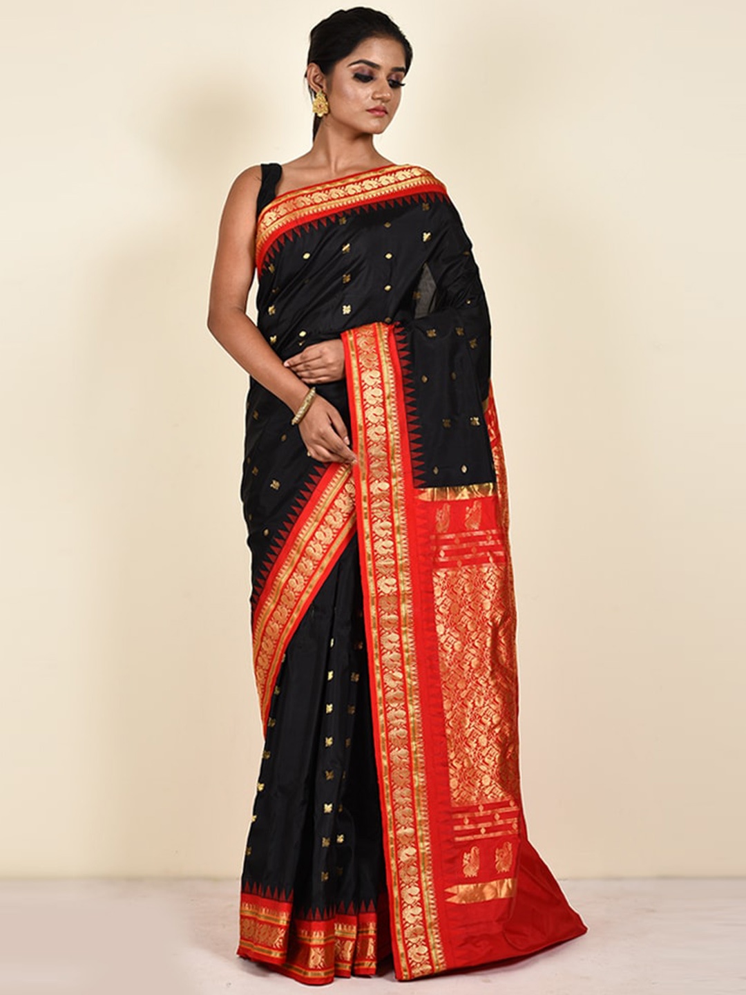 

AllSilks Woven Design Zari Pure Silk Kanjeevaram Saree, Black