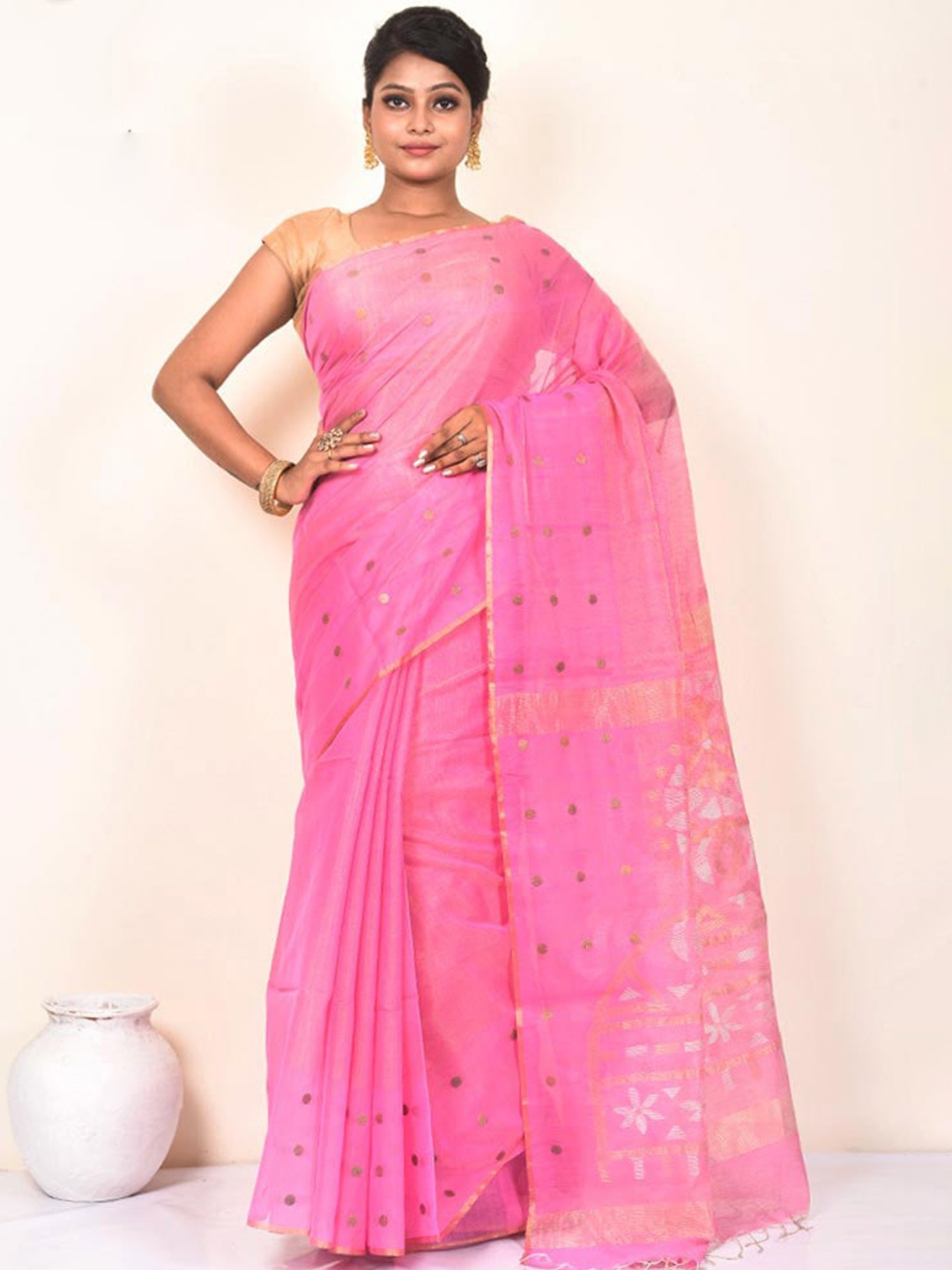 

AllSilks Woven Design Zari Silk Blend Saree, Pink