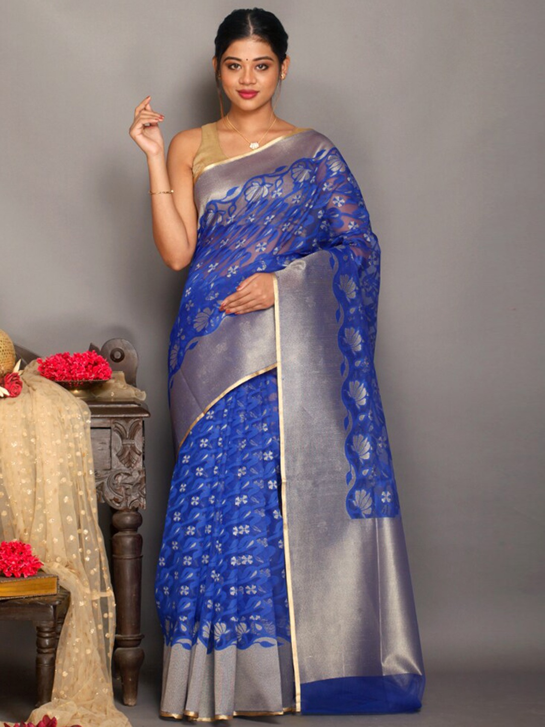 

AllSilks Woven Design Zari Net Saree, Blue