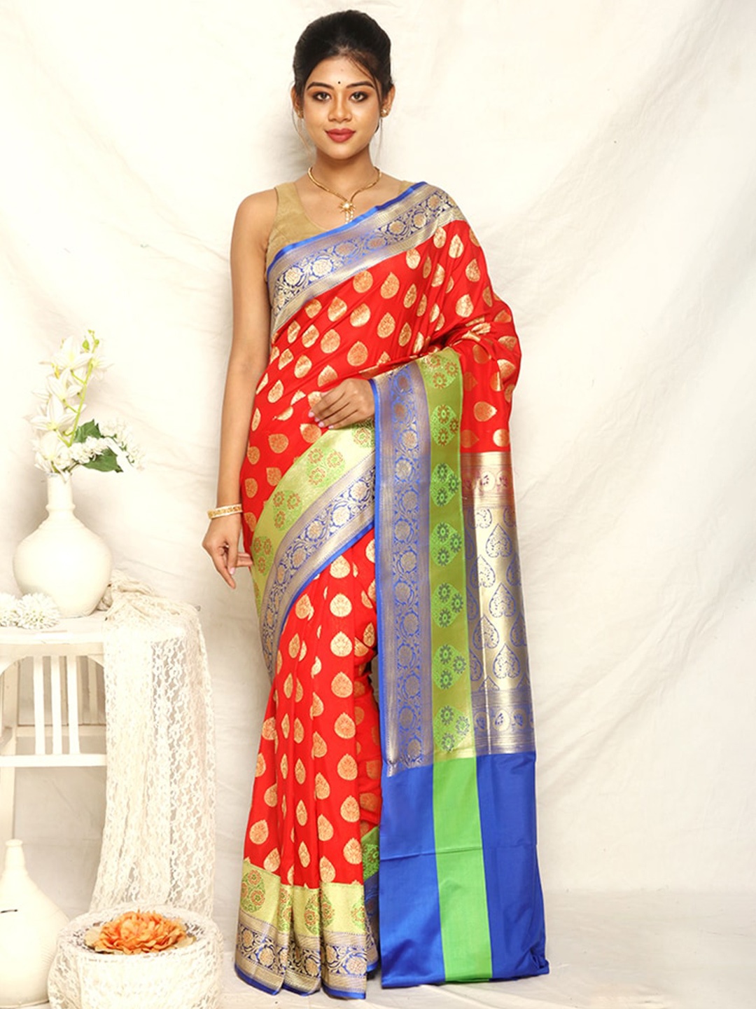 

AllSilks Woven Design Zari Silk Blend Uppada Saree, Red