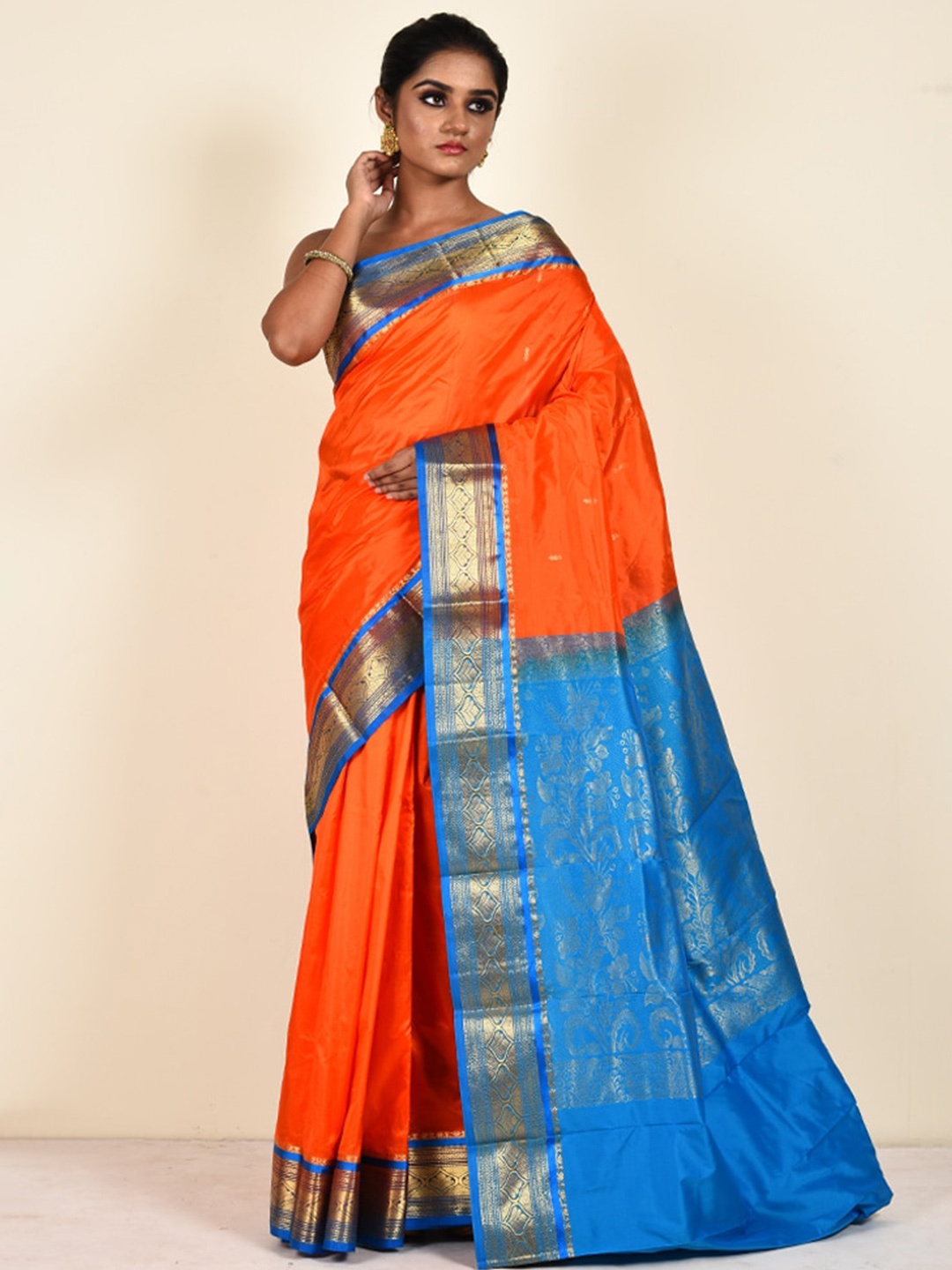 

AllSilks Woven Design Zari Pure Silk Kanjeevaram Saree, Orange