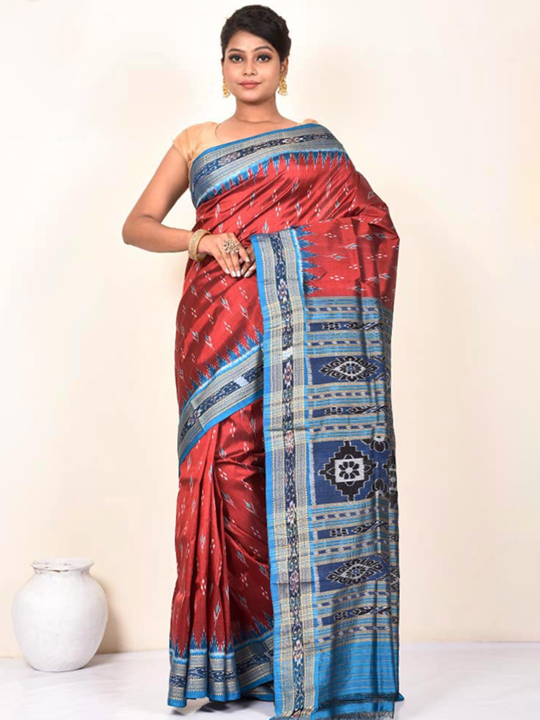 

AllSilks Pure Silk Pochampally Saree, Rust