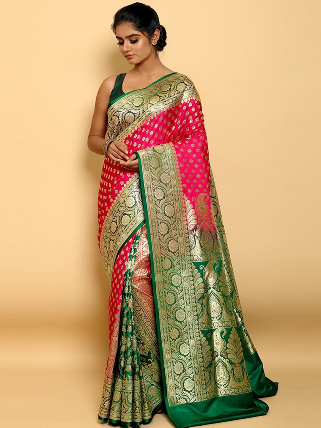 

AllSilks Woven Design Zari Silk Blend Banarasi Saree, Pink