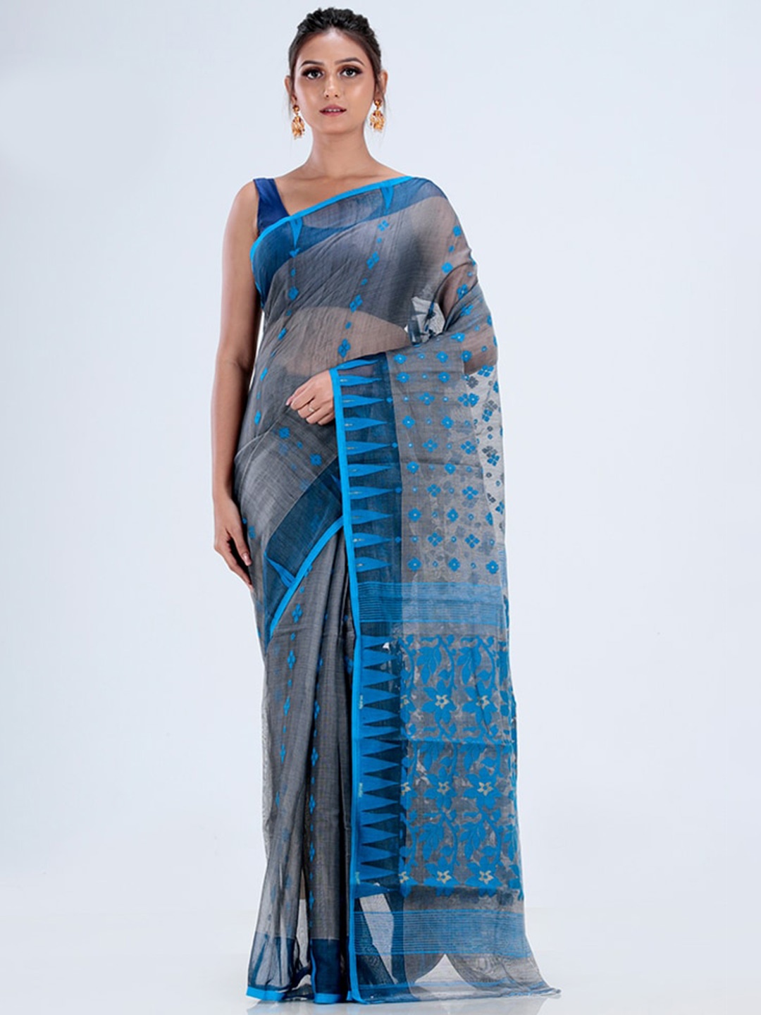 

AllSilks Woven Design Pure Cotton Taant Saree, Grey