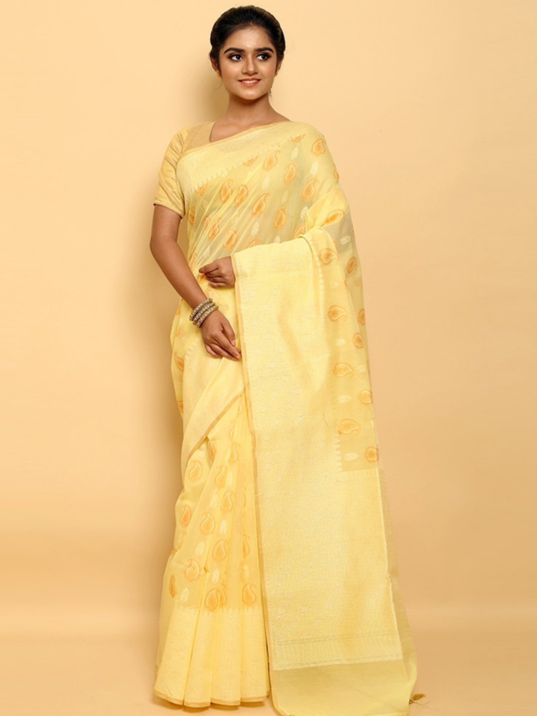 

AllSilks Woven Design Zari Silk Blend Saree, Yellow