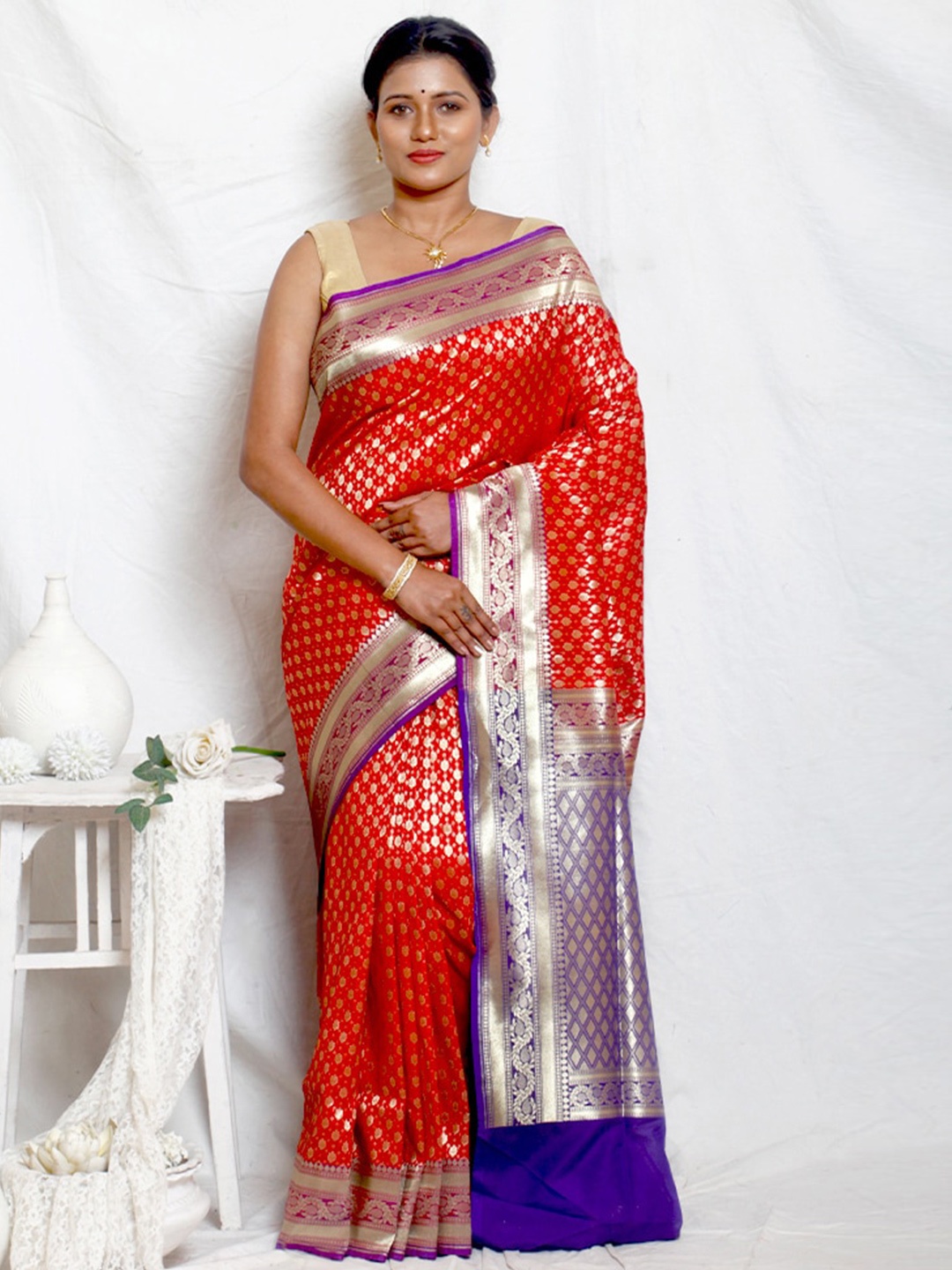 

AllSilks Woven Design Zari Silk Blend Uppada Saree, Red