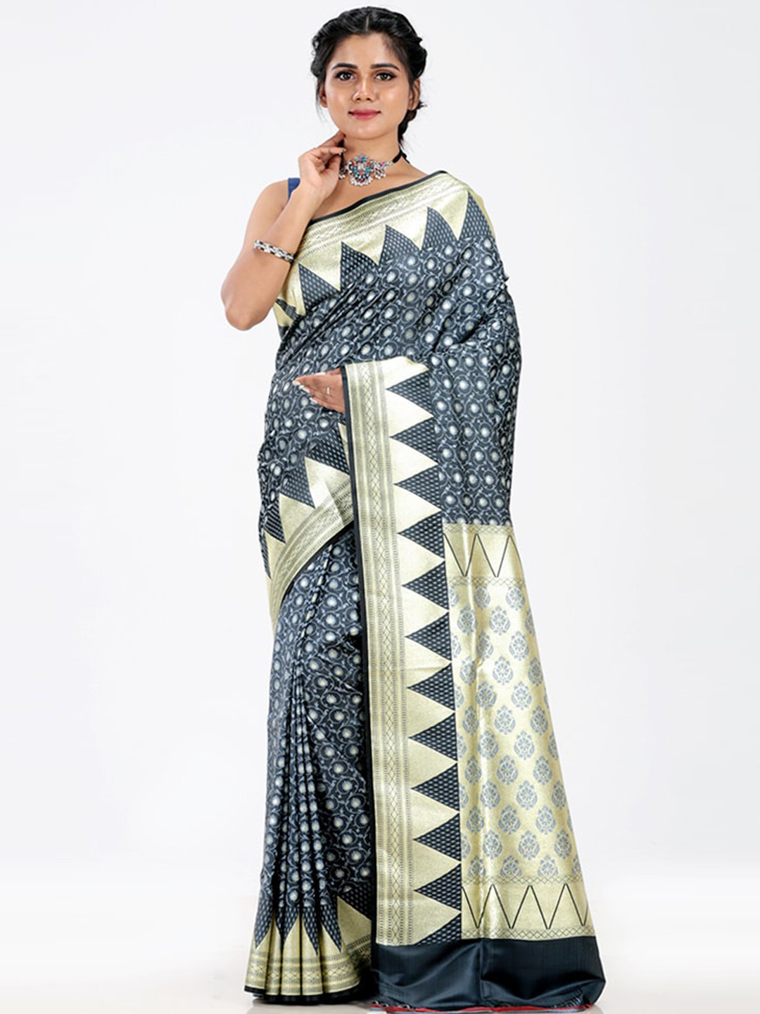 

AllSilks Woven Design Zari Silk Blend Banarasi Saree, Black