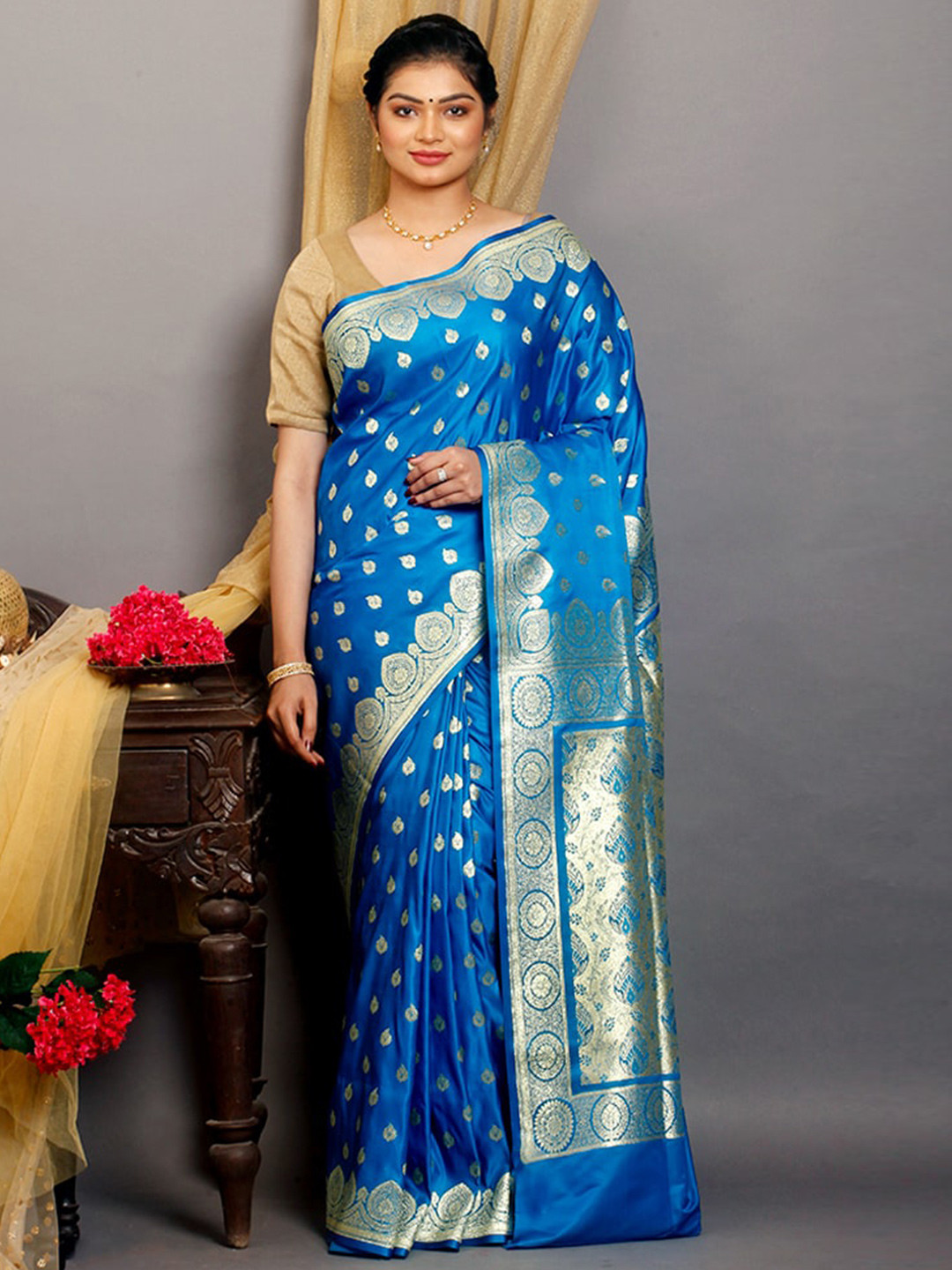 

AllSilks Woven Design Zari Silk Blend Banarasi Saree, Blue