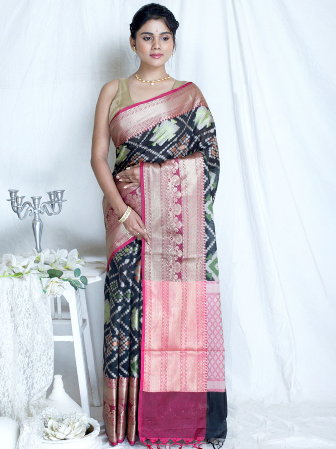 

AllSilks Woven Design Zari Silk Blend Saree, Black