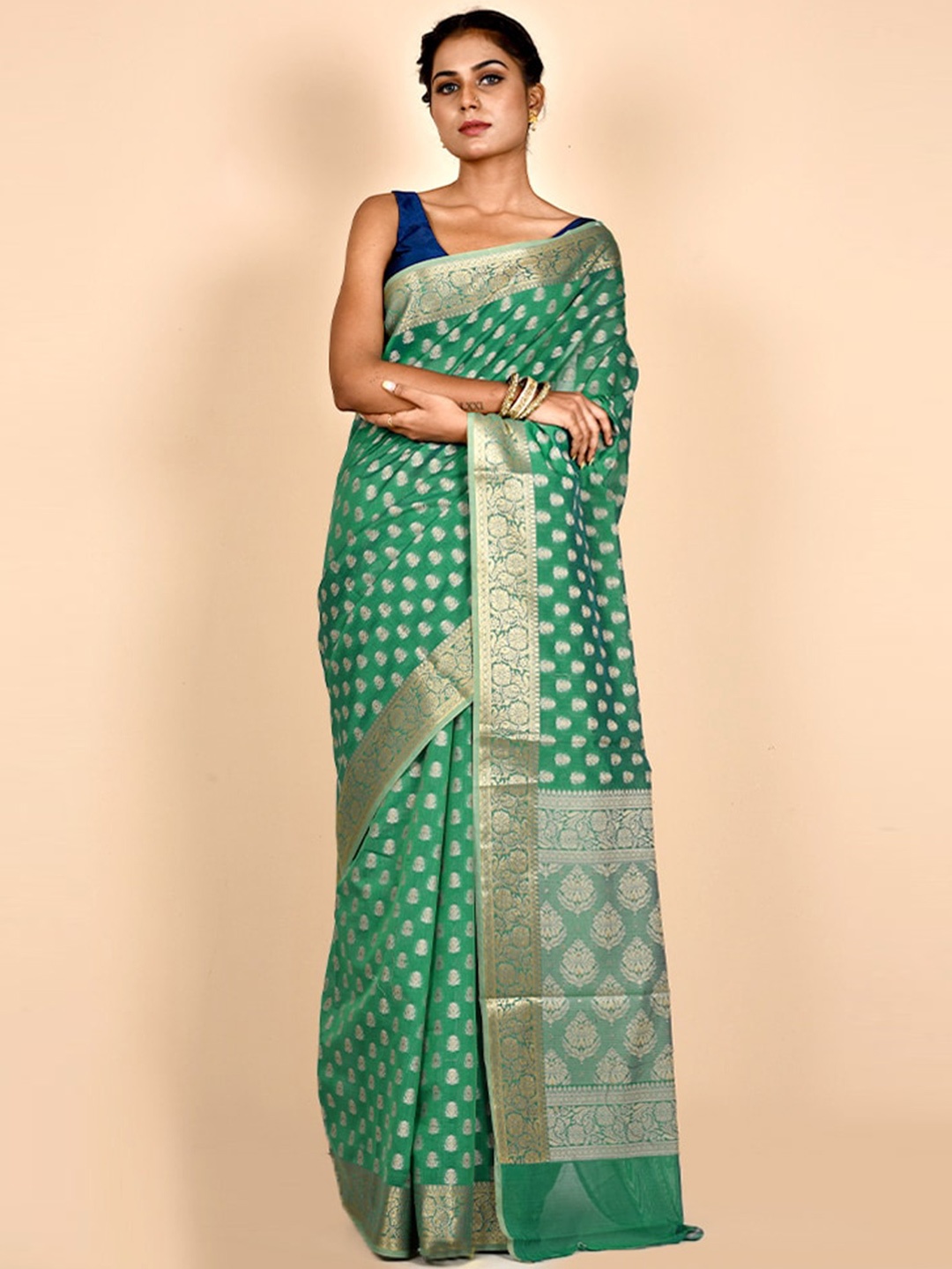 

AllSilks Woven Design Zari Silk Blend Saree, Sea green
