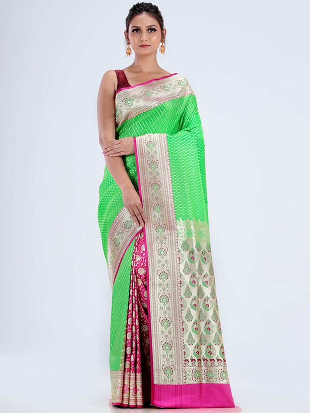 

AllSilks Woven Design Zari Silk Blend Banarasi Saree, Green