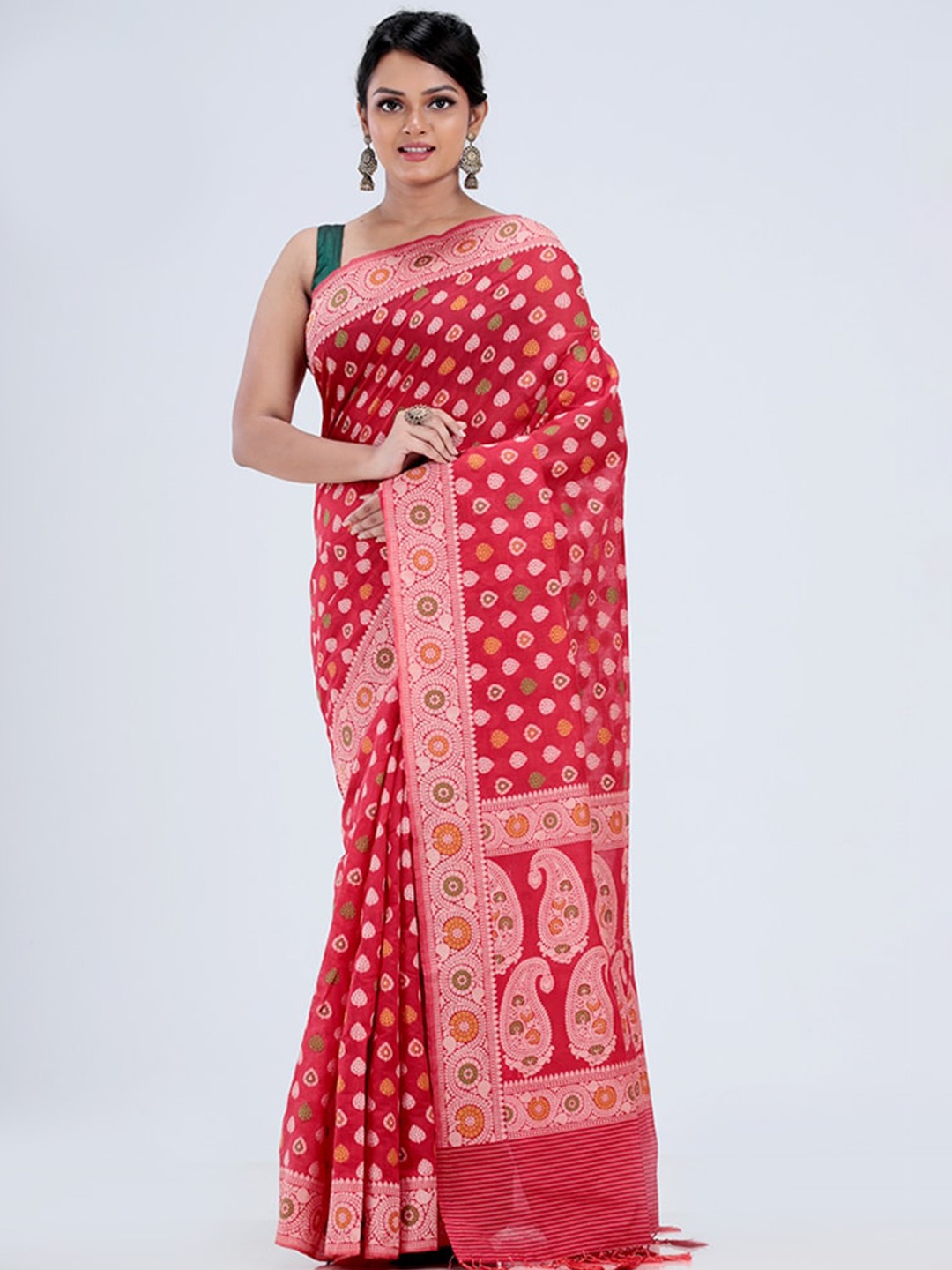 

AllSilks Red & White Woven Design Silk Blend Saree