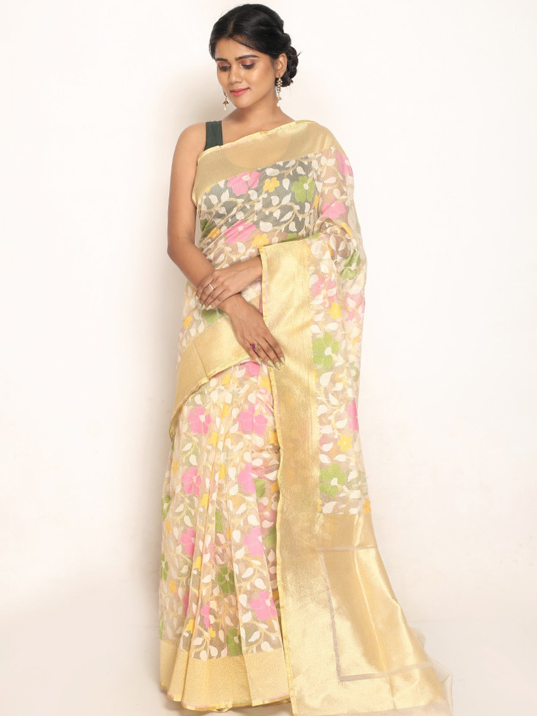 

AllSilks Woven Design Net Saree, Cream