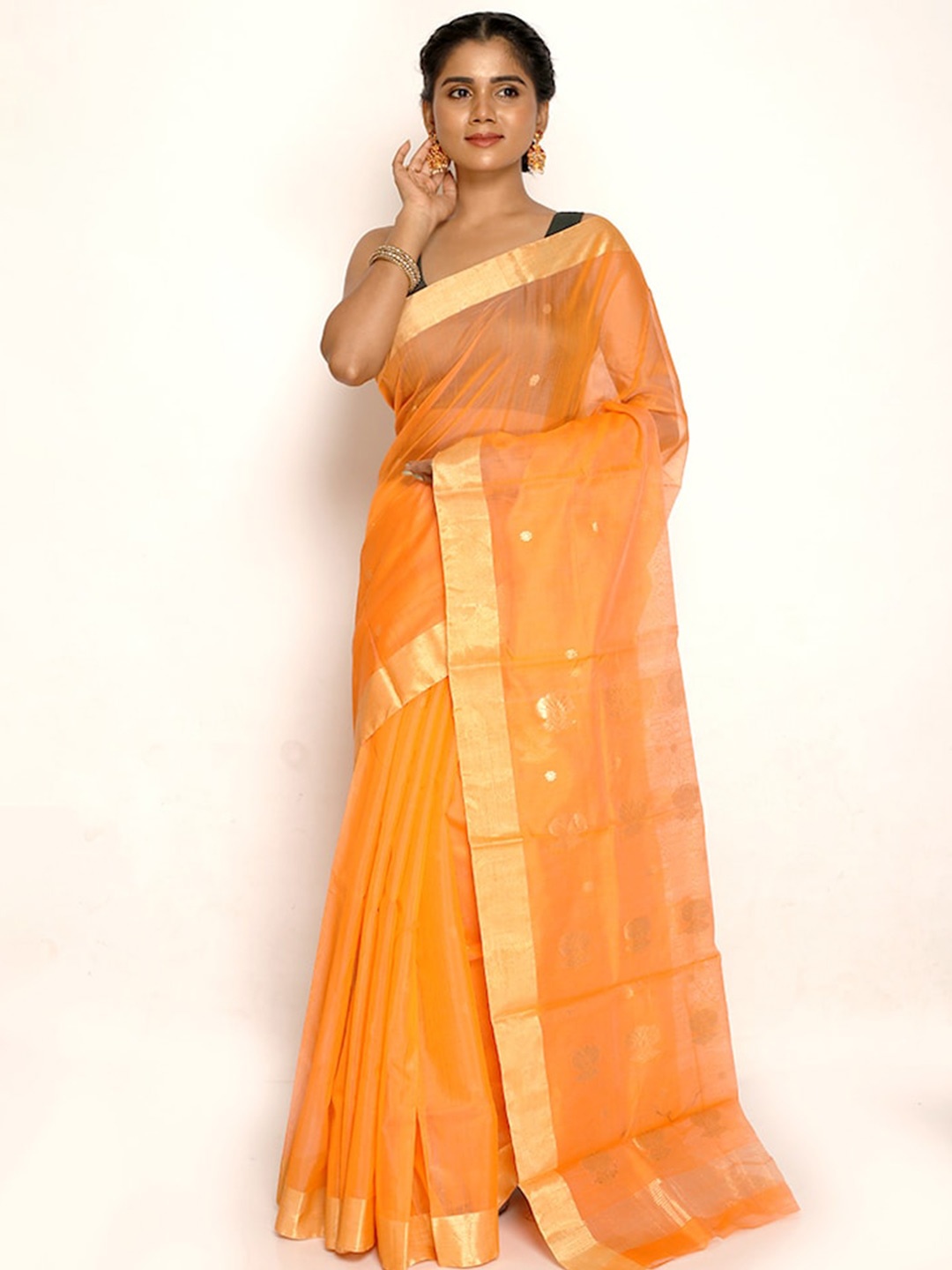 

AllSilks Woven Design Zari Silk Blend Chanderi Saree, Orange