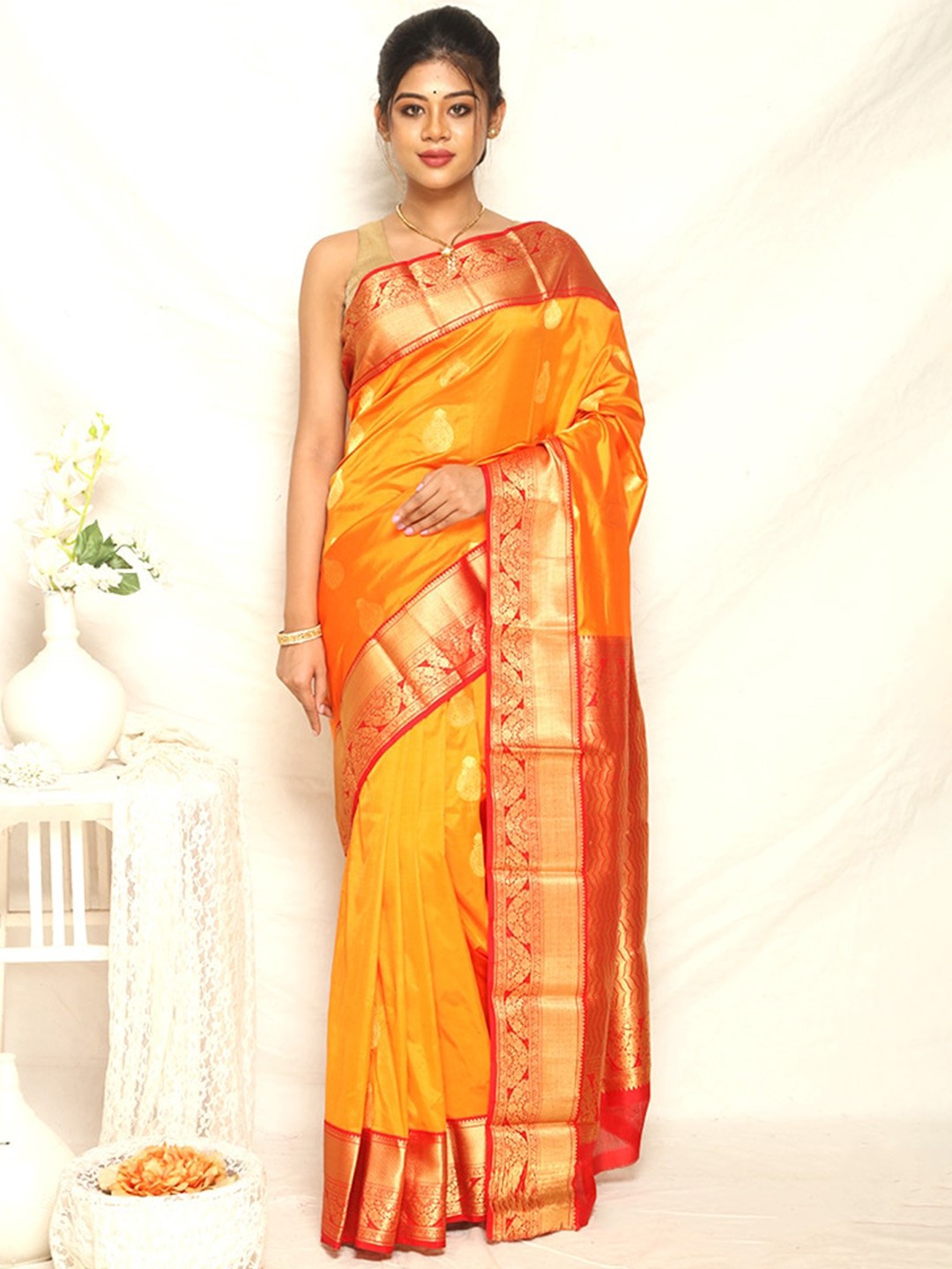 

AllSilks Woven Design Zari Pure Silk Kanjeevaram Saree, Orange