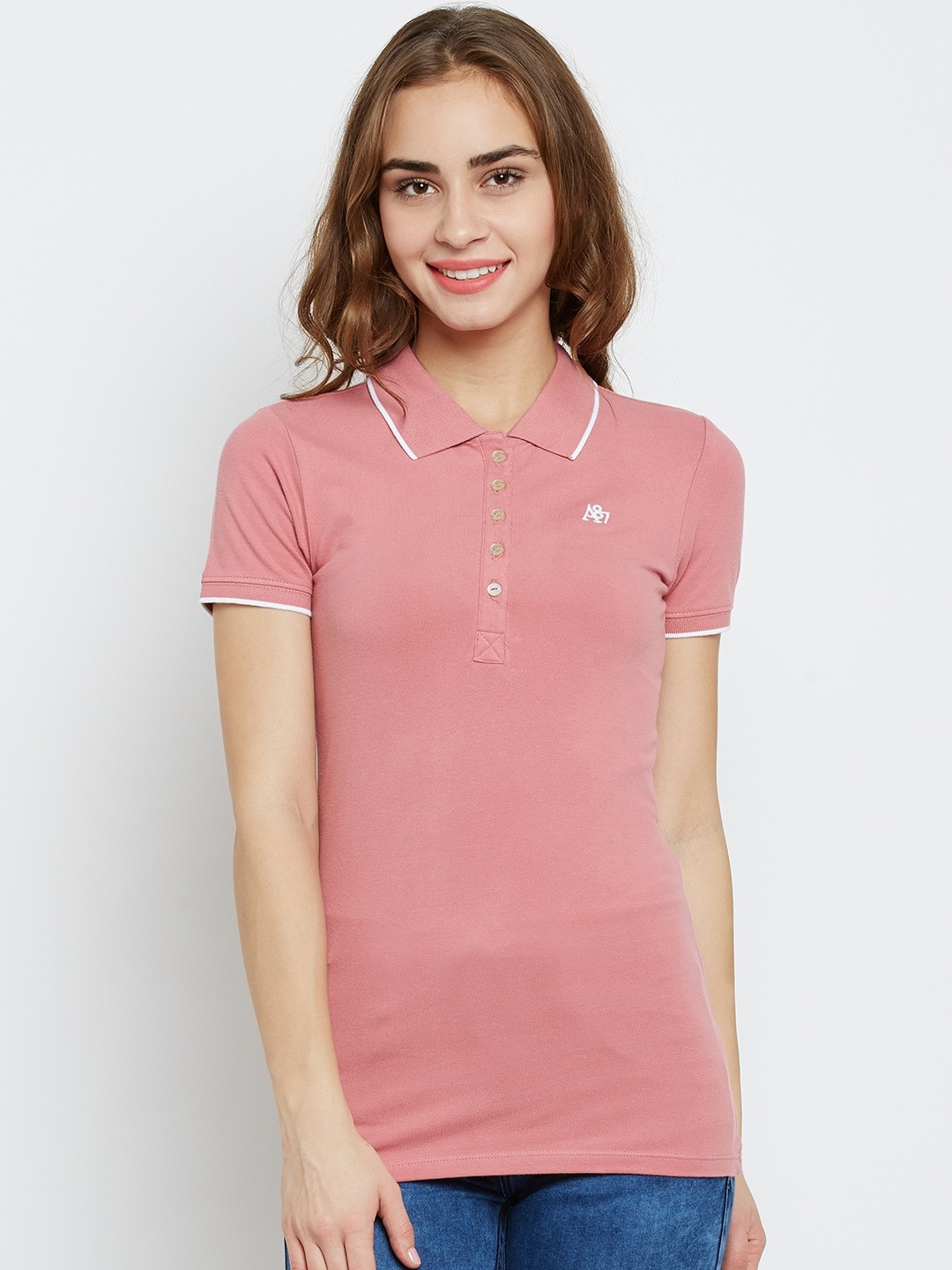 

Aeropostale Women Pink Solid Polo Collar T-shirt