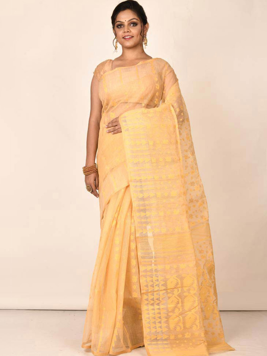 

AllSilks Woven Design Pure Cotton Taant Saree, Cream