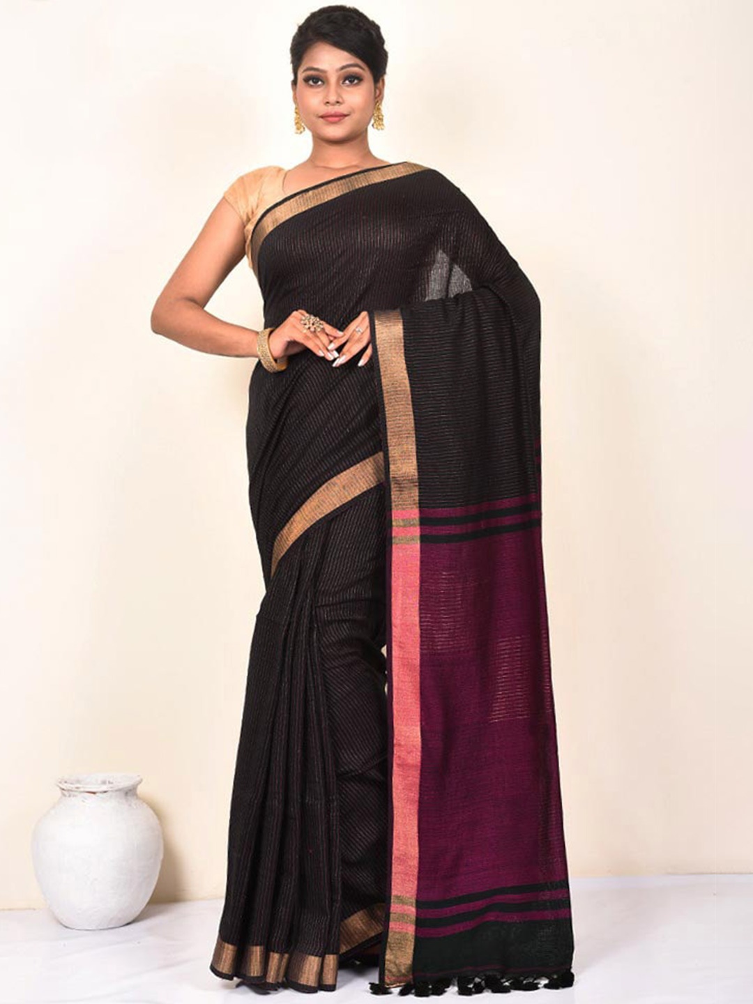 

AllSilks Striped Zari Silk Blend Saree, Black