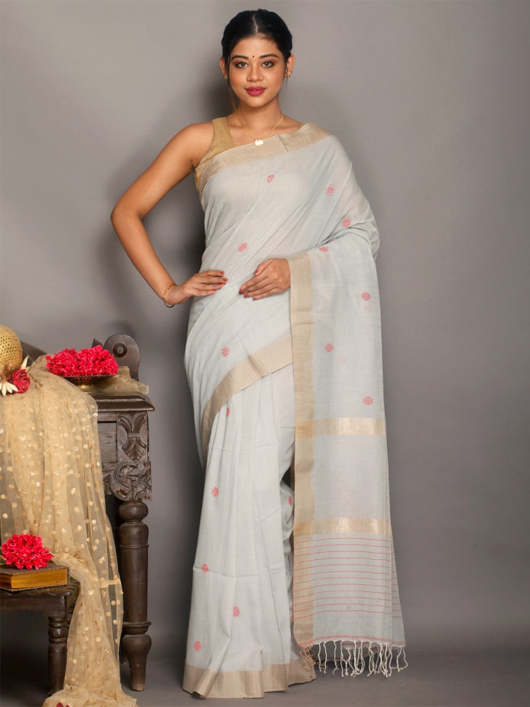 

AllSilks Woven Design Zari Pure Silk Saree, Grey