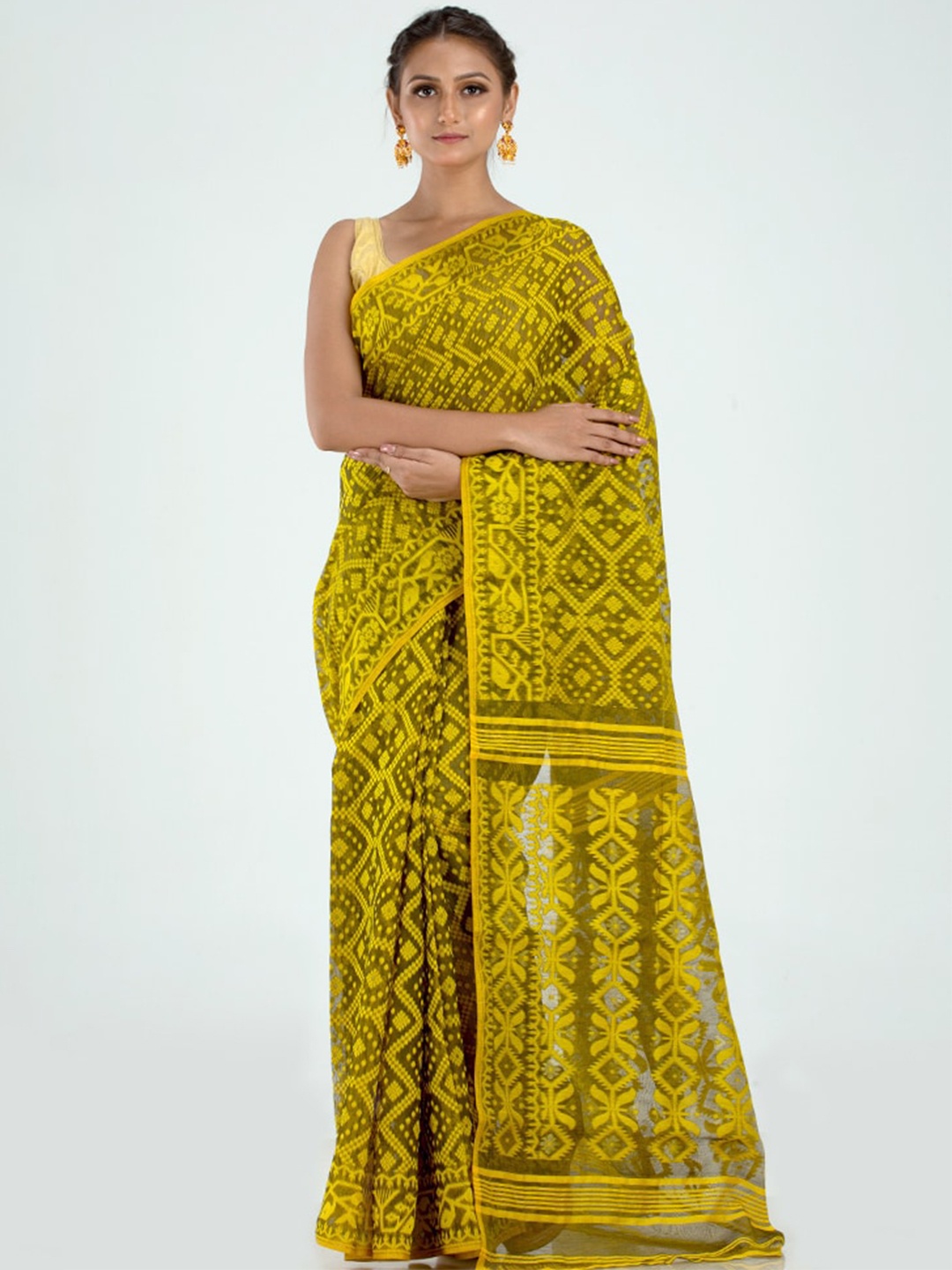 

AllSilks Woven Design Pure Cotton Taant Saree, Yellow