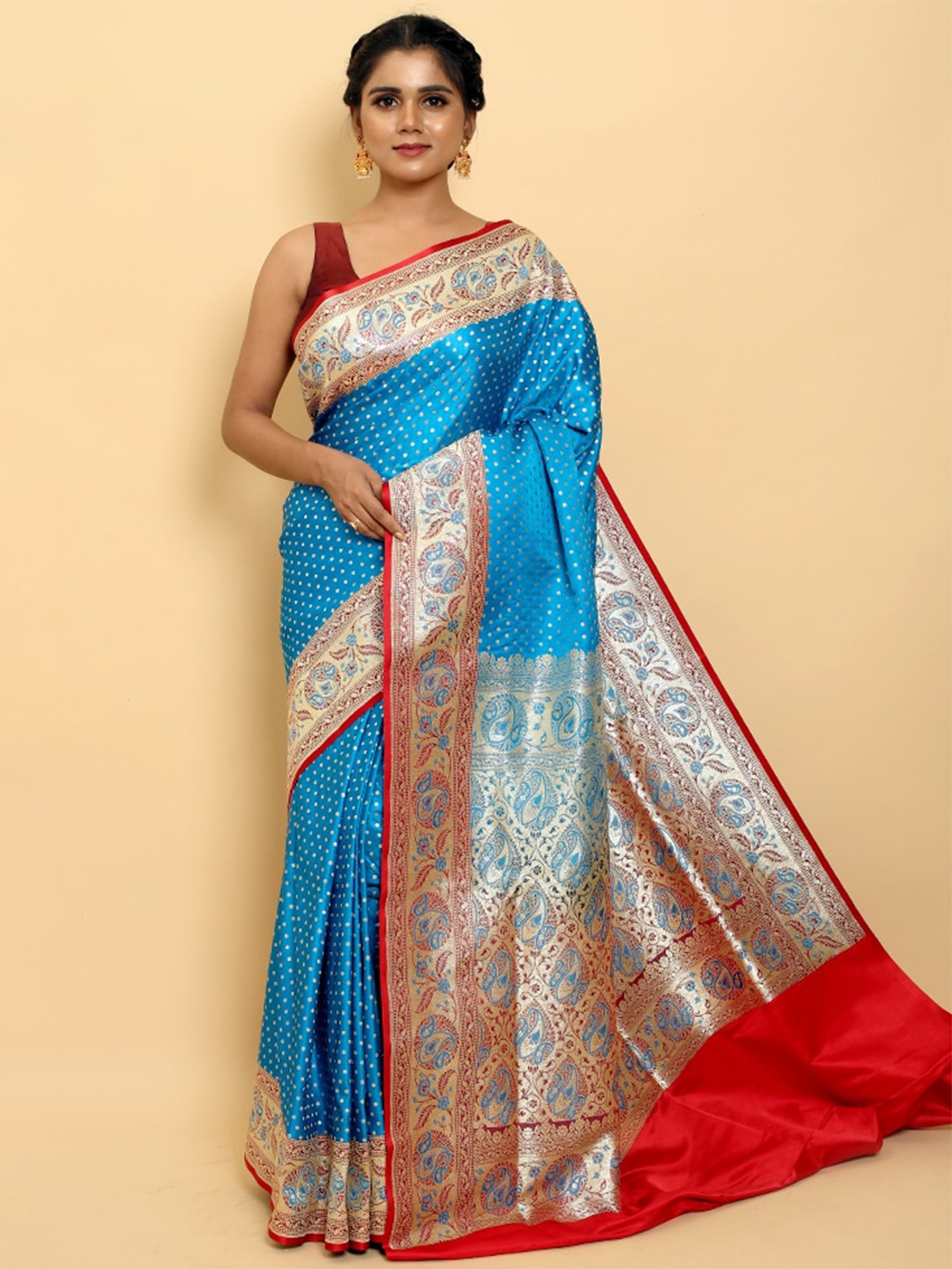 

AllSilks Blue & Red Woven Design Zari Silk Blend Banarasi Saree