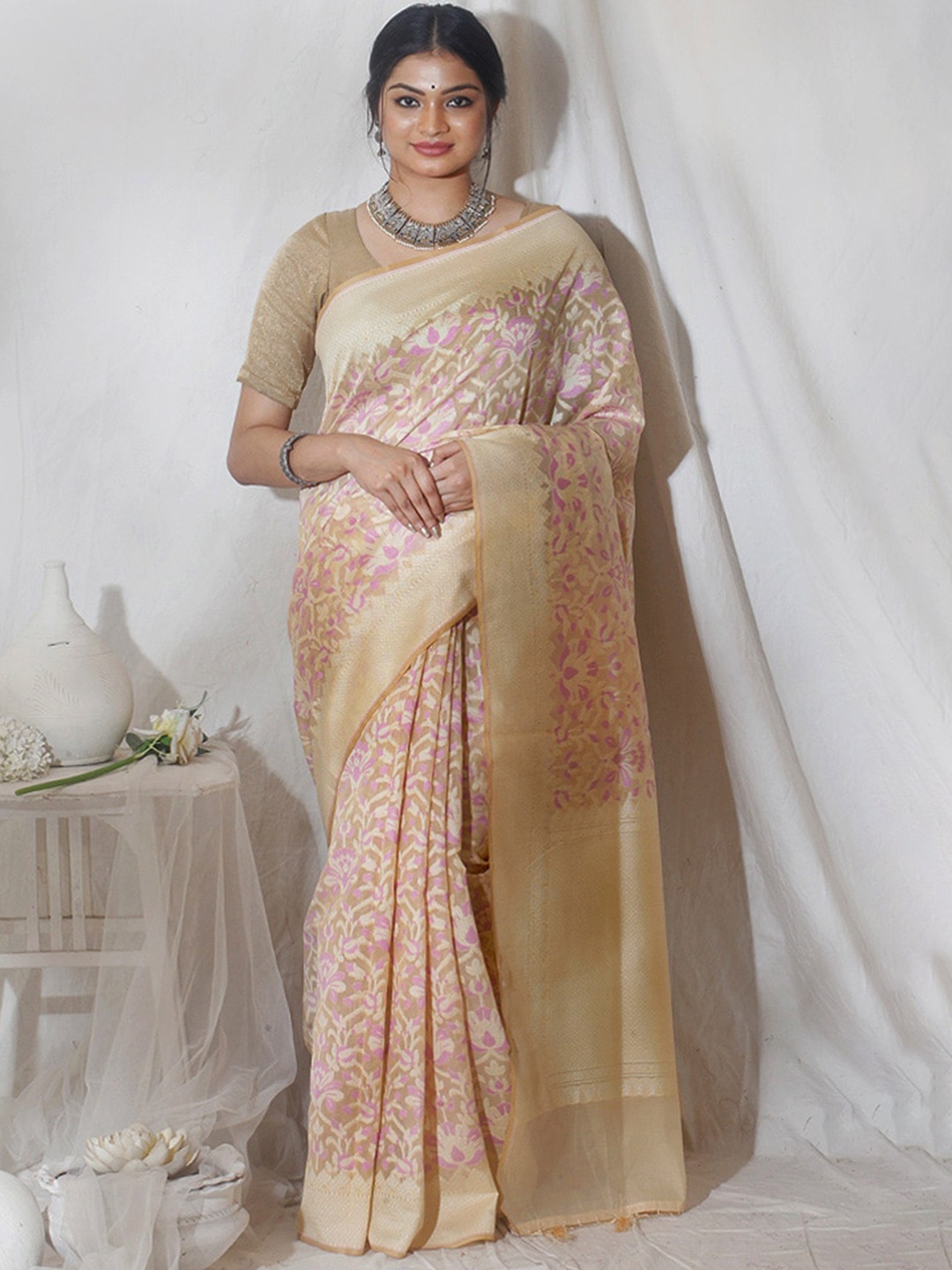 

AllSilks Woven Design Zari Silk Blend Saree, Cream