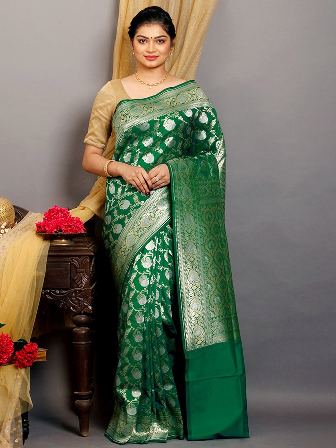 

AllSilks Woven Design Zari Silk Blend Uppada Saree, Green