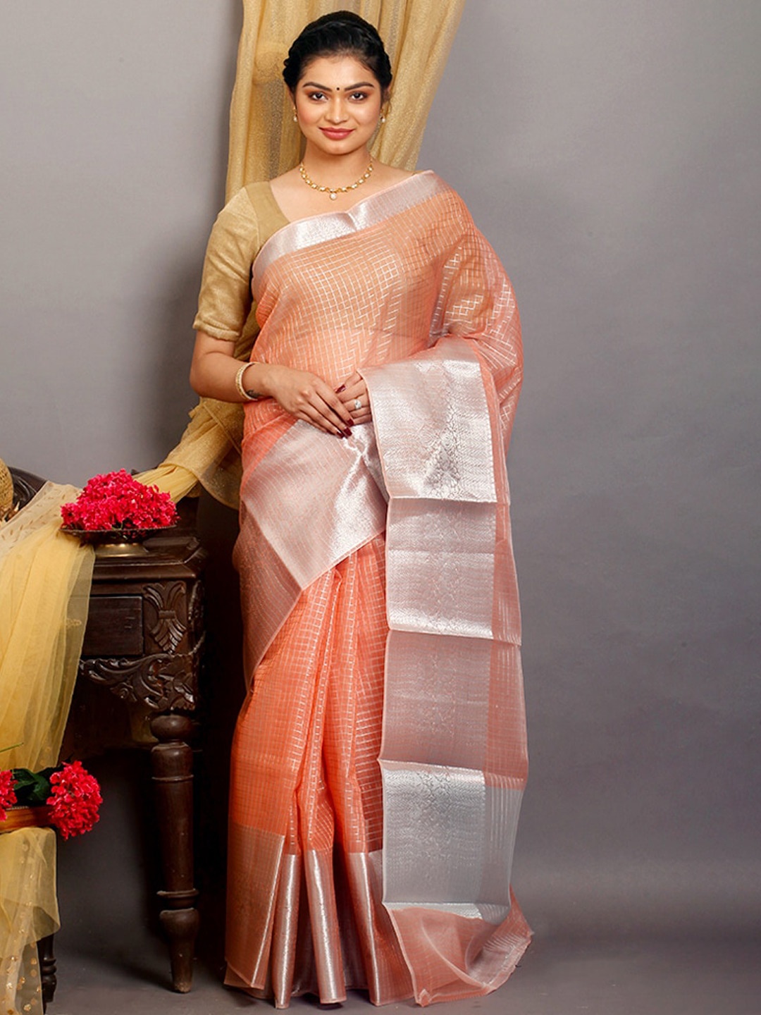 

AllSilks Woven Design Zari Silk Blend Saree, Rust