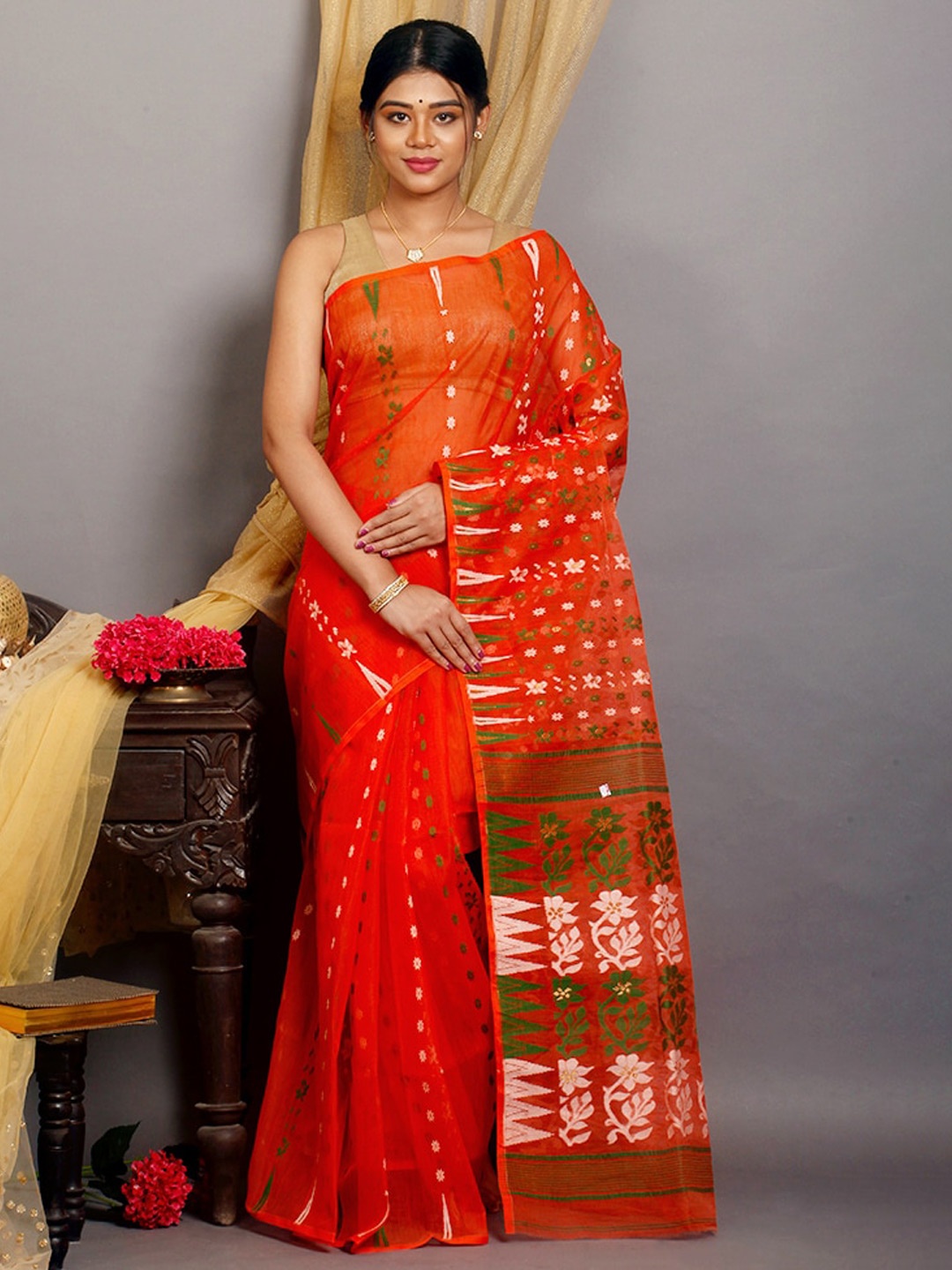 

AllSilks Woven Design Pure Cotton Taant Saree, Rust