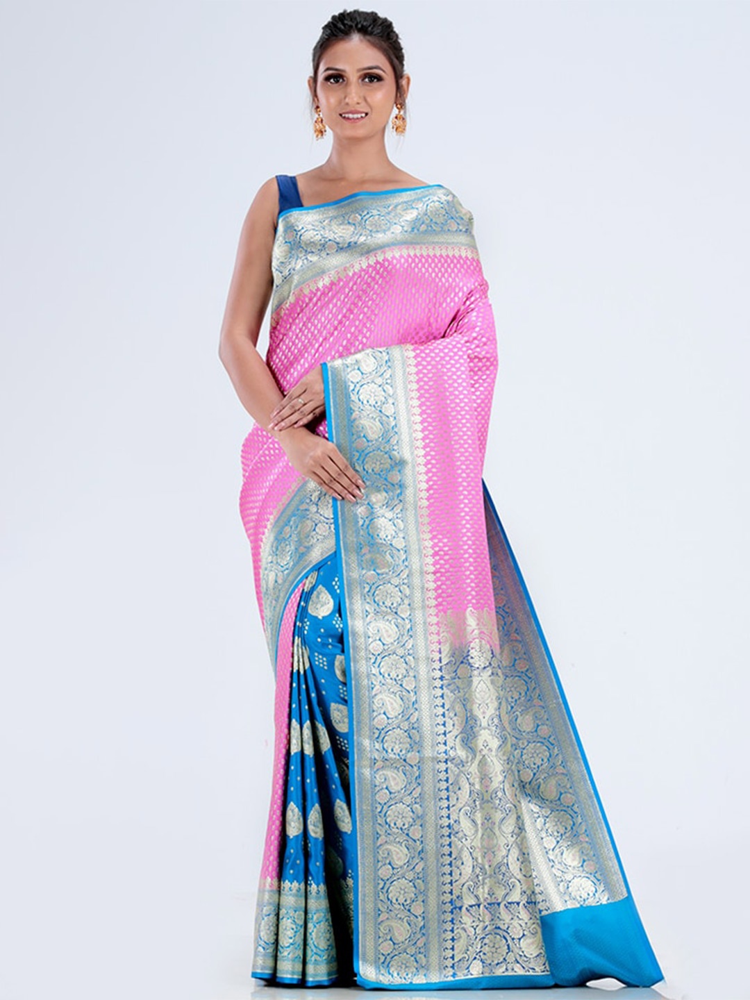 

AllSilks Woven Design Zari Silk Blend Banarasi Saree, Pink
