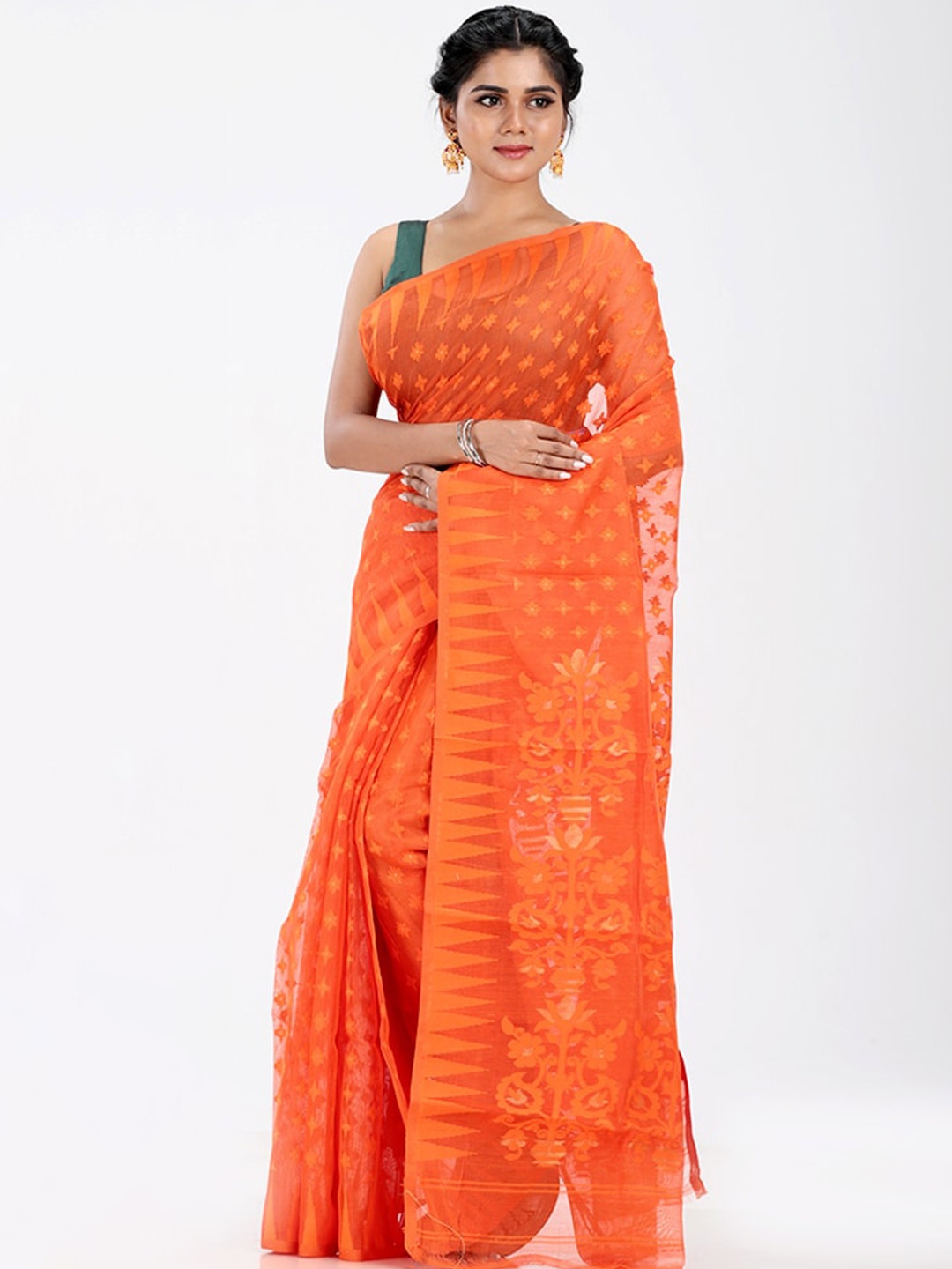 

AllSilks Woven Design Pure Cotton Taant Saree, Orange