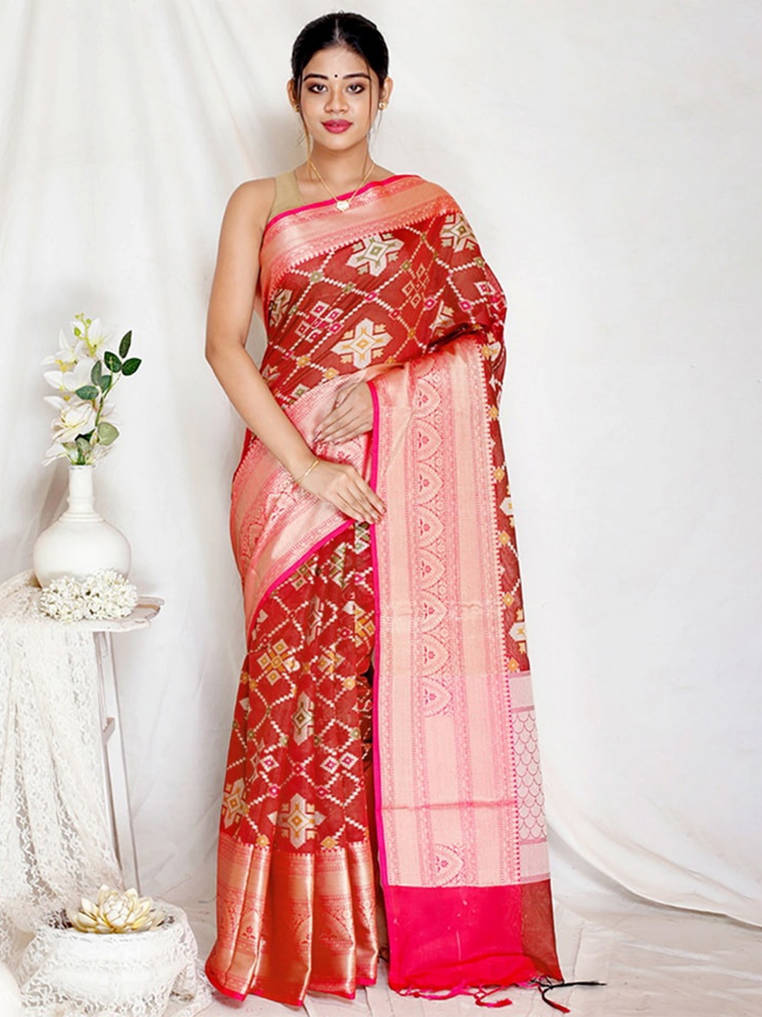 

AllSilks Woven Design Zari Silk Blend Saree, Rust
